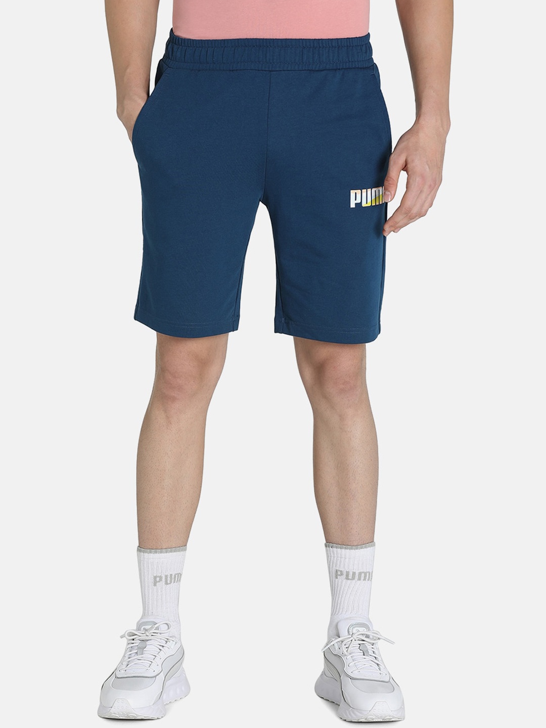 

Puma Men Wavy Graphic Brand Logo Printed Cotton Shorts, Teal