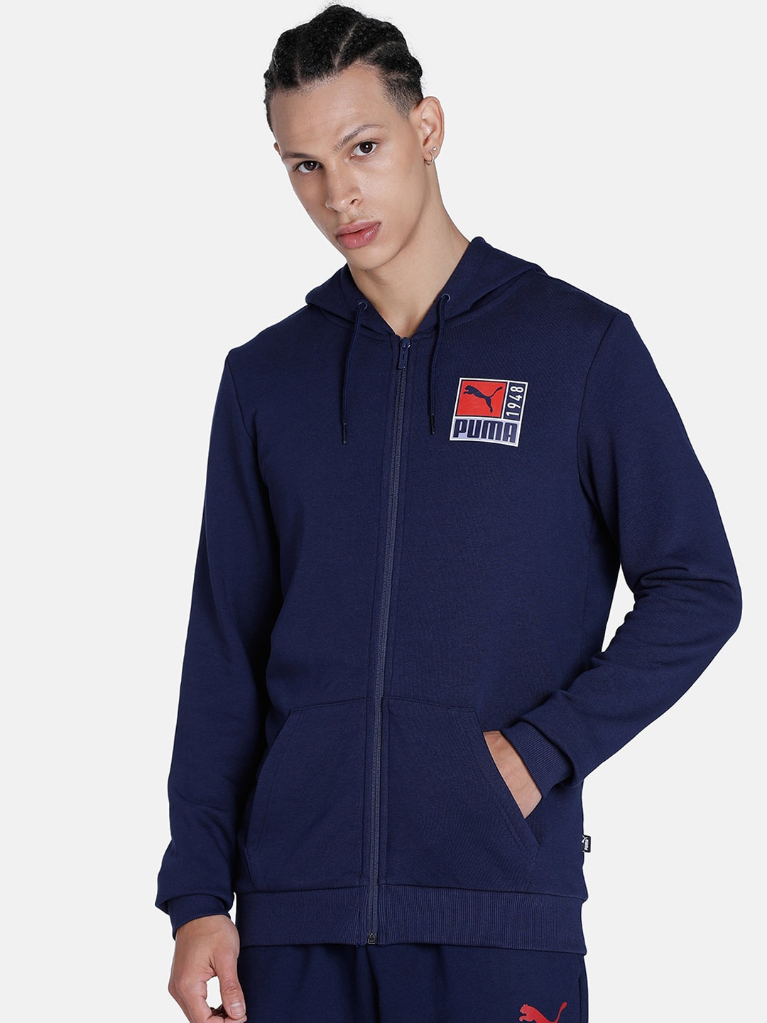 

Puma Men Slim Fit 1948 Graphic Printed Hooded Cotton Sporty Jacket, Blue