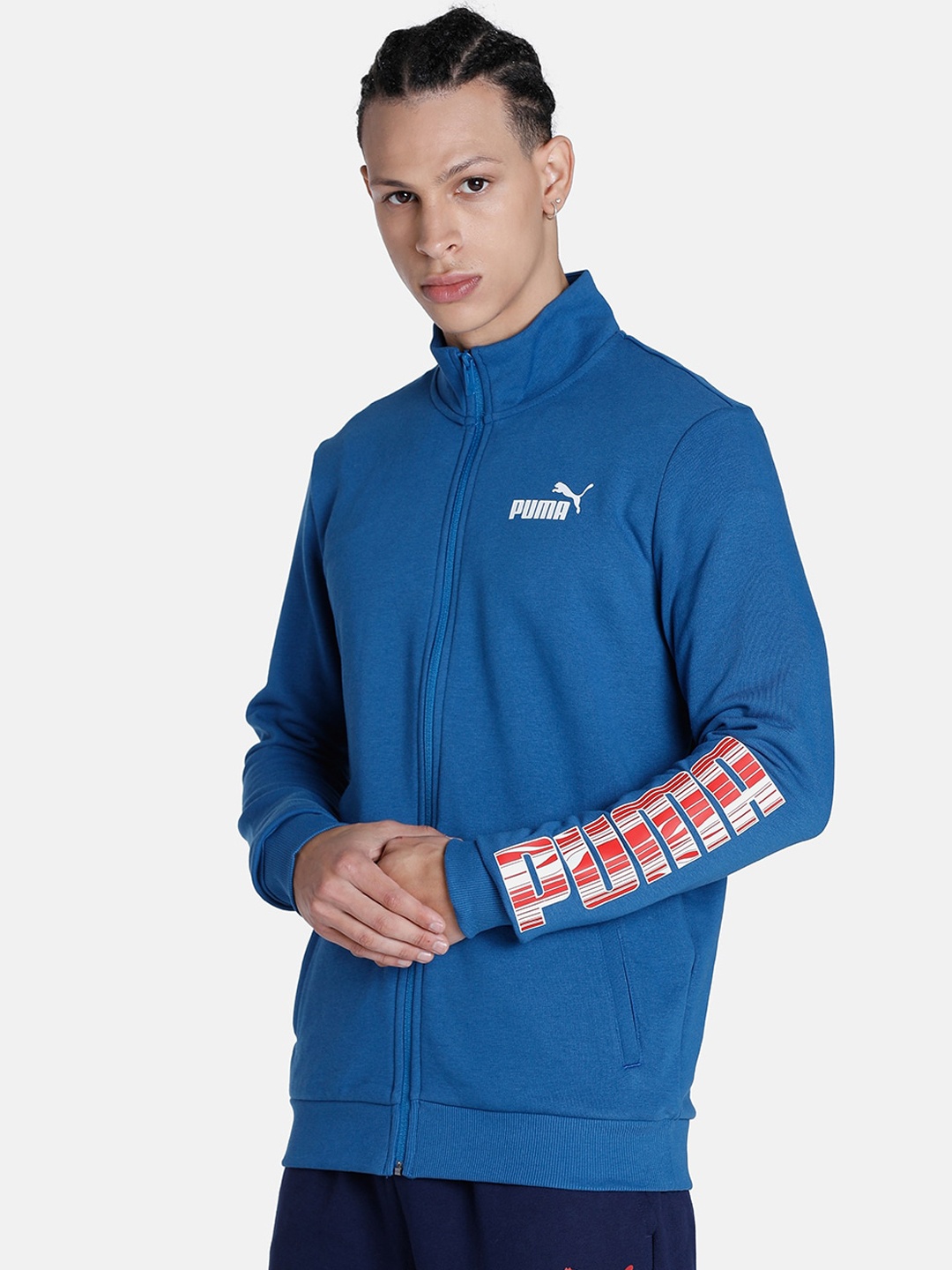 

Puma Men Abstract Logo-Printed Knitted Cotton Slim Fit Sporty Jacket, Blue