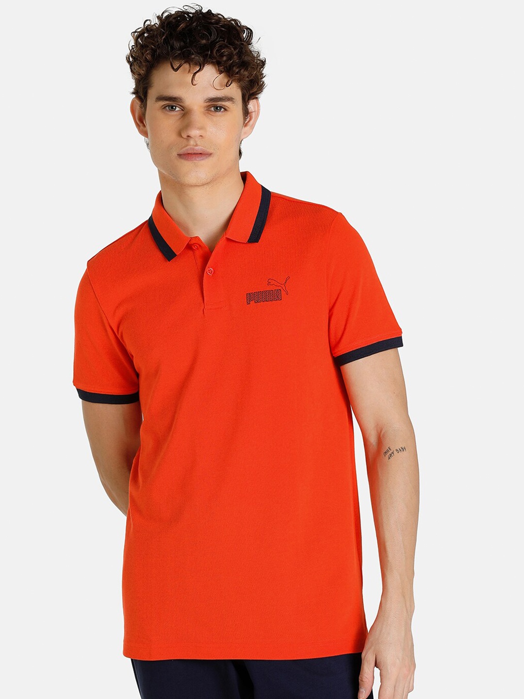 

Puma Collar Tipping Polo Brand Logo Printed Knitted Cotton T-Shirt, Red