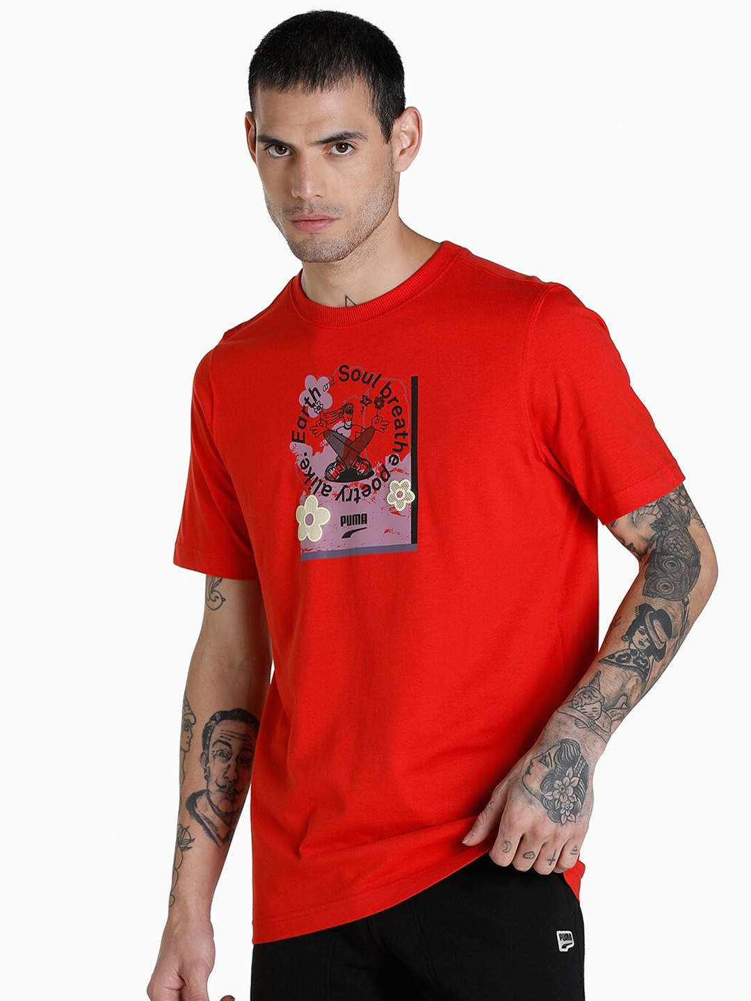 

Puma Downtown Graphic Printed Knitted Cotton T-Shirt, Red