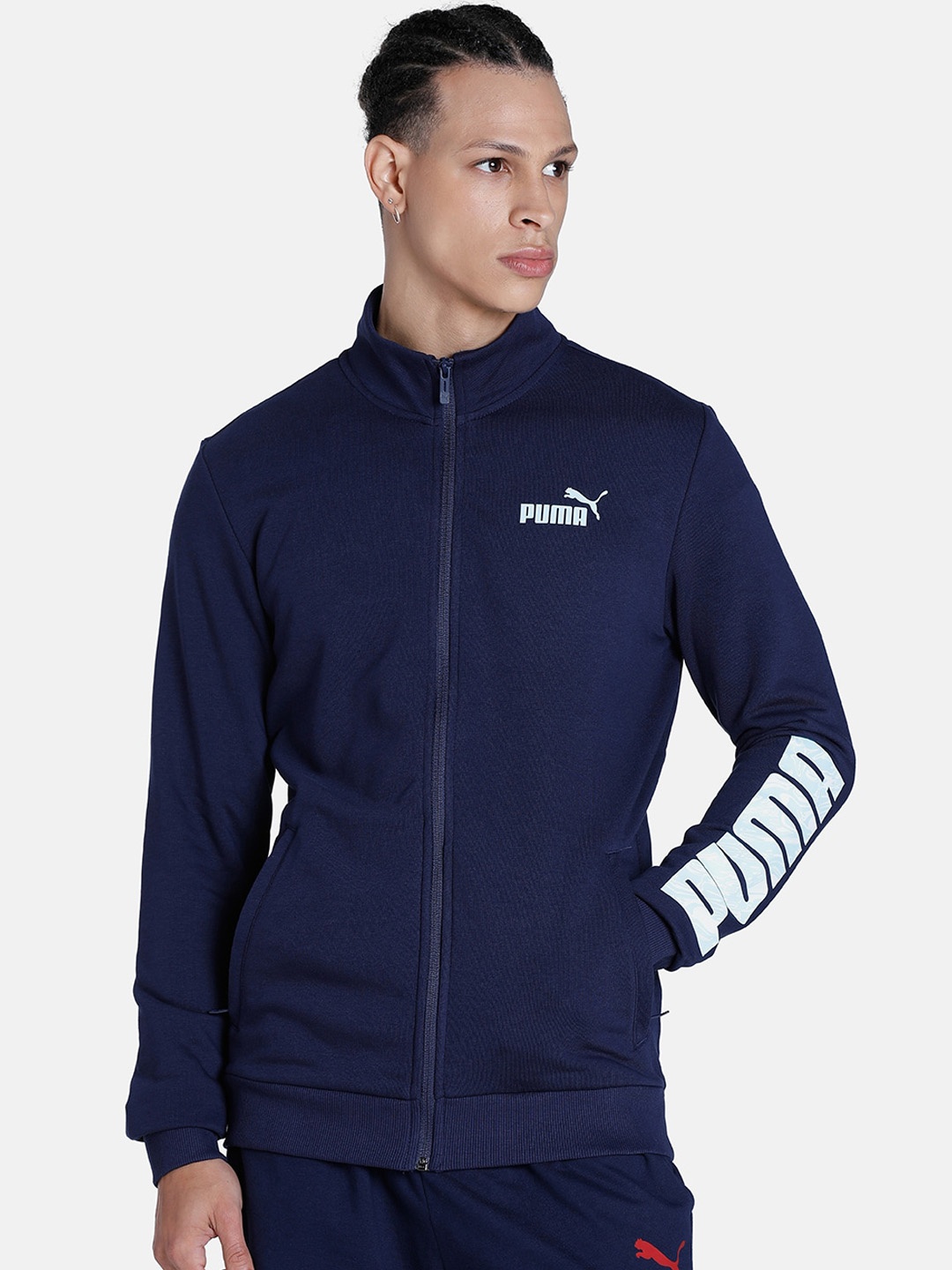 

Puma Men Gingham Logo Printed Slim-Fit Knitted Cotton Sporty Jacket, Navy blue