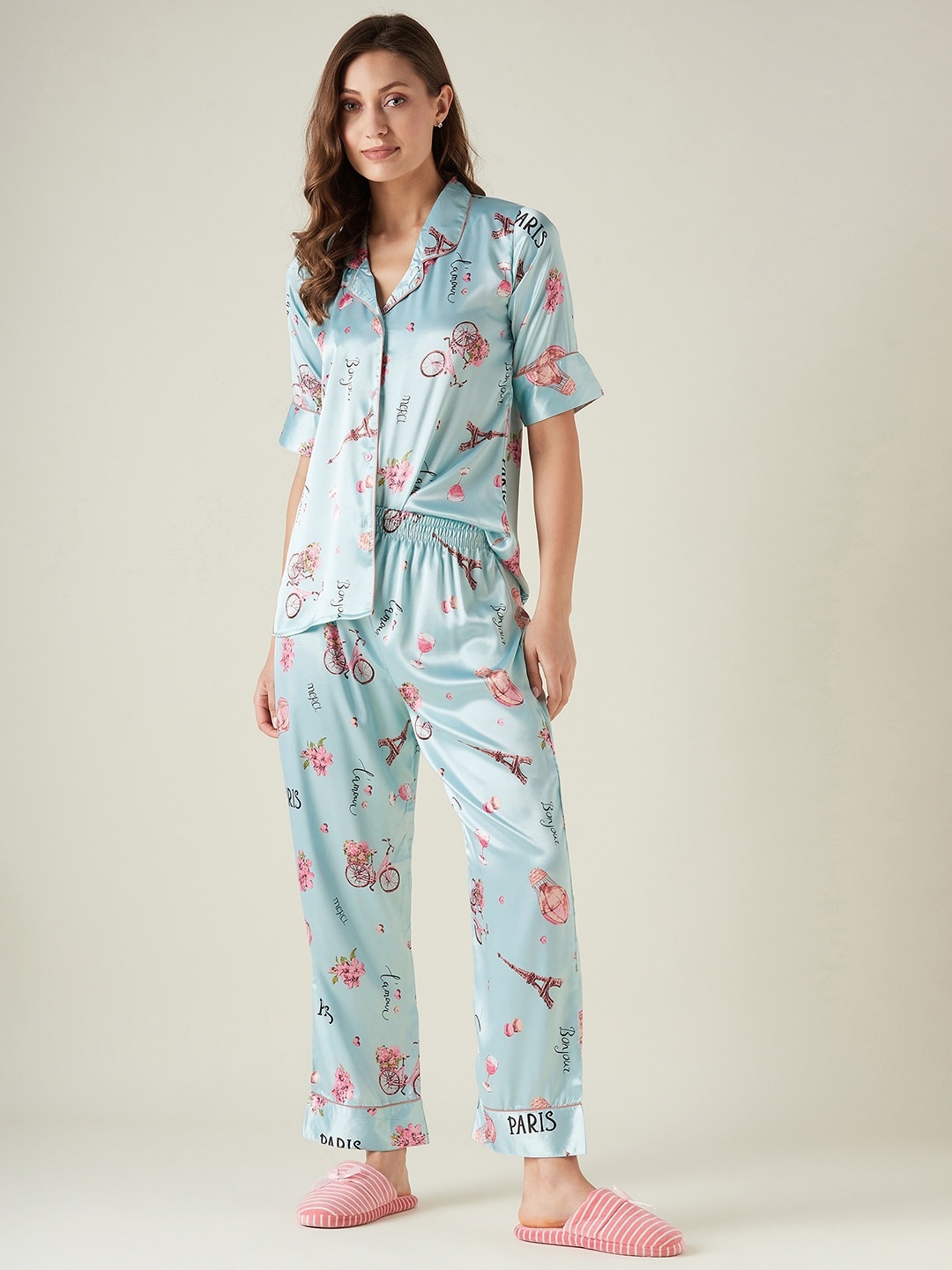 

The Kaftan Company Conversational Printed Satin Night Suit, Blue