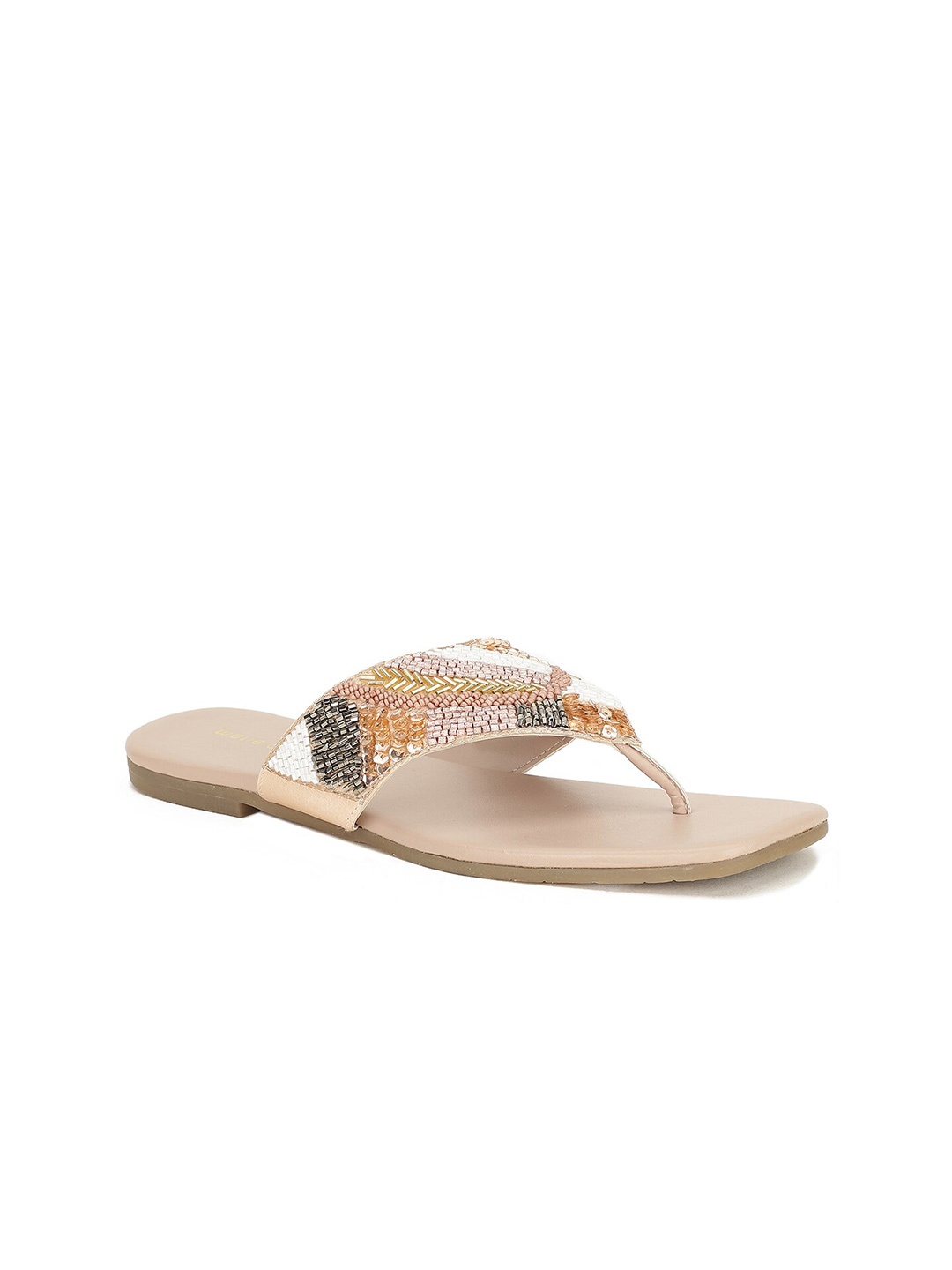 

Marie Claire Women Embellished Open Toe T-Straps Flats, Beige