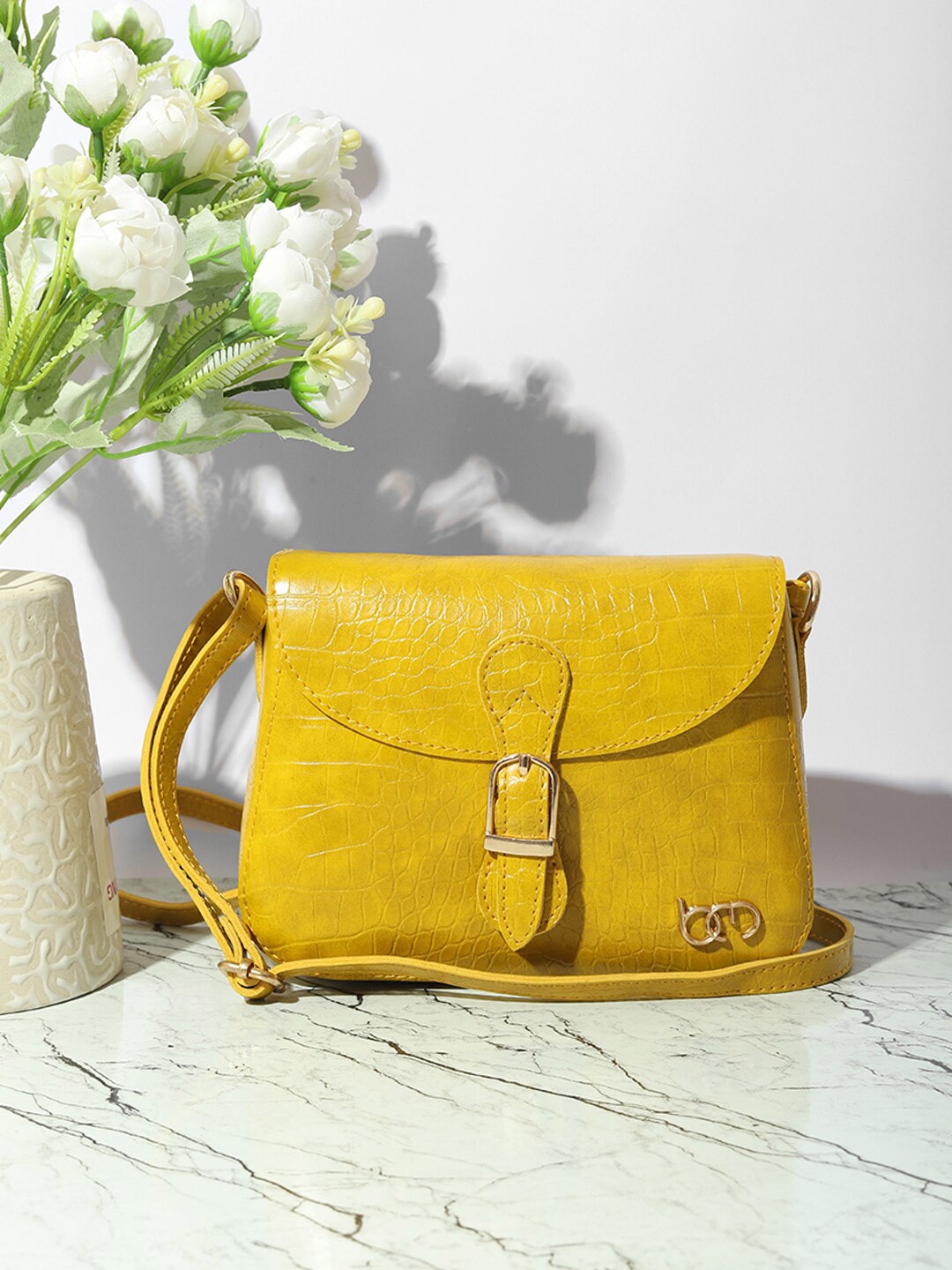 

Bagsy Malone Yellow Textured PU Structured Shoulder Bag