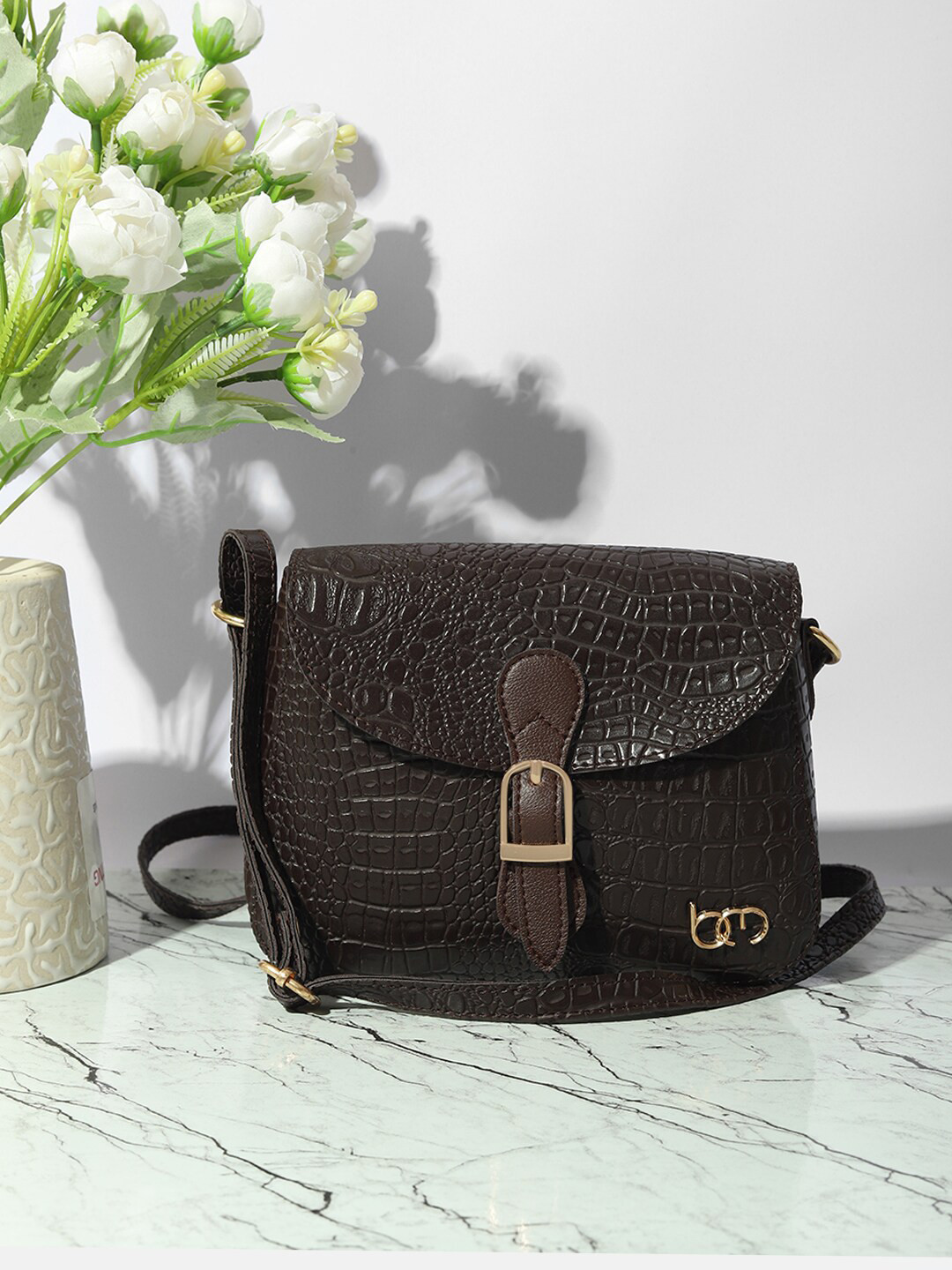 

Bagsy Malone Women Animal Textured PU Structured Sling Bag With Buckle, Coffee brown
