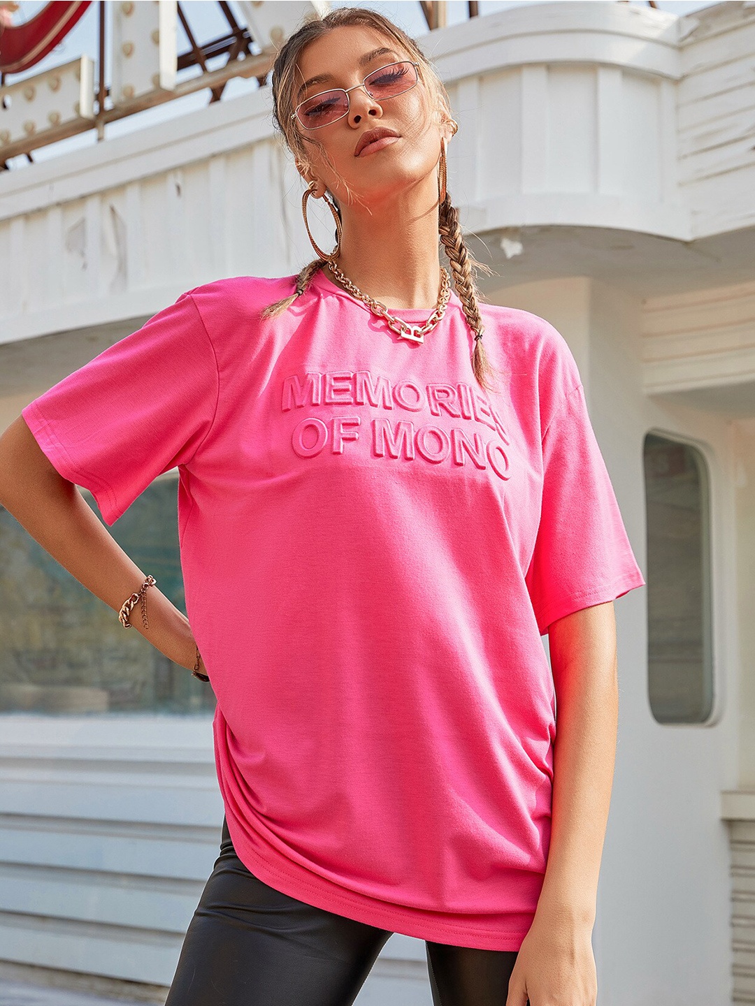

BoStreet Typography Printed Round Neck Short Sleeves Boxy Top, Pink