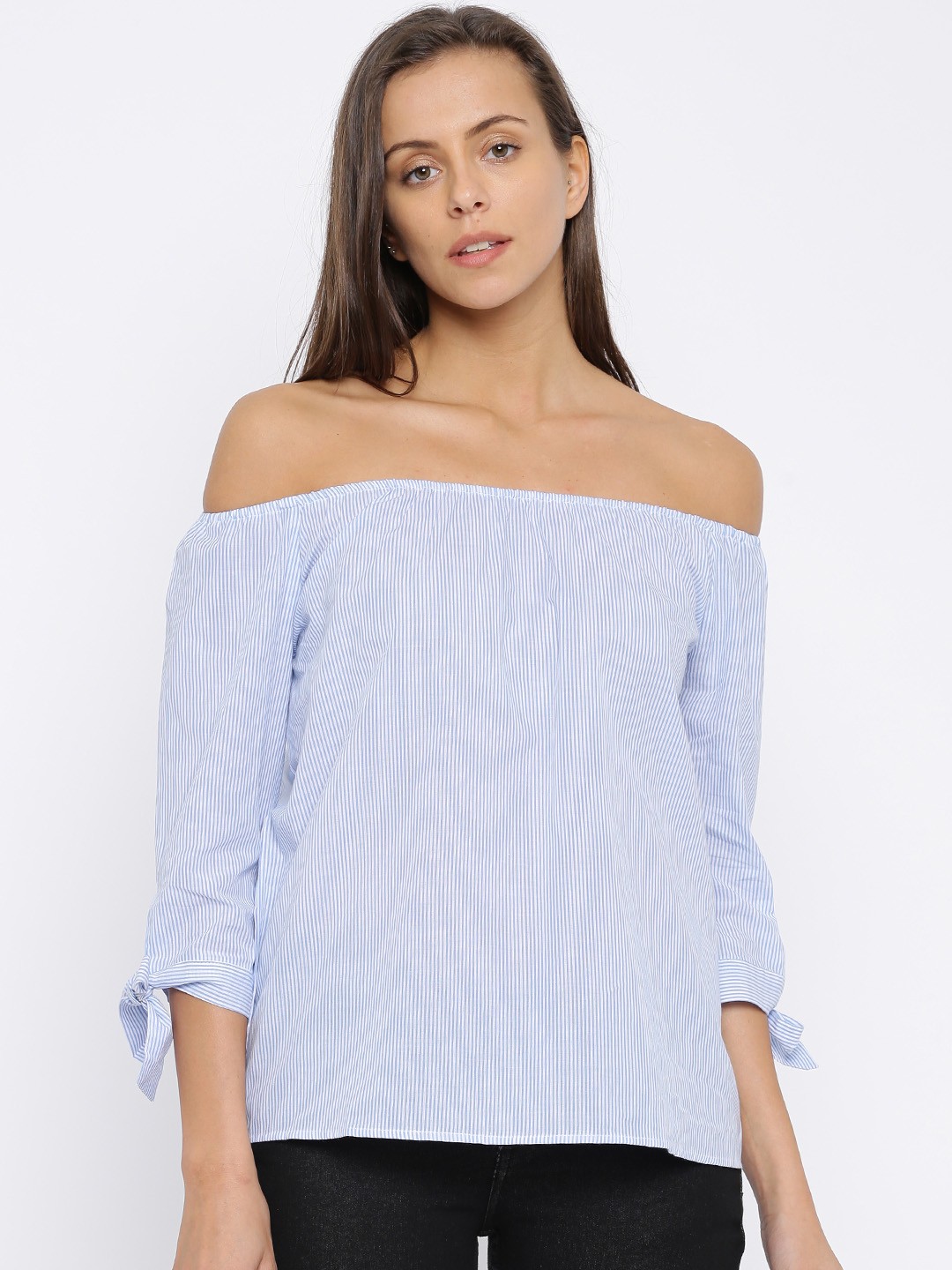 

Honey by Pantaloons Women Blue & White Striped Bardot Pure Cotton Top