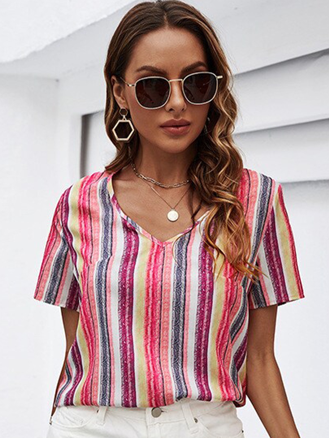 

BoStreet V-Neck Vertical Stripes Striped Top, Pink