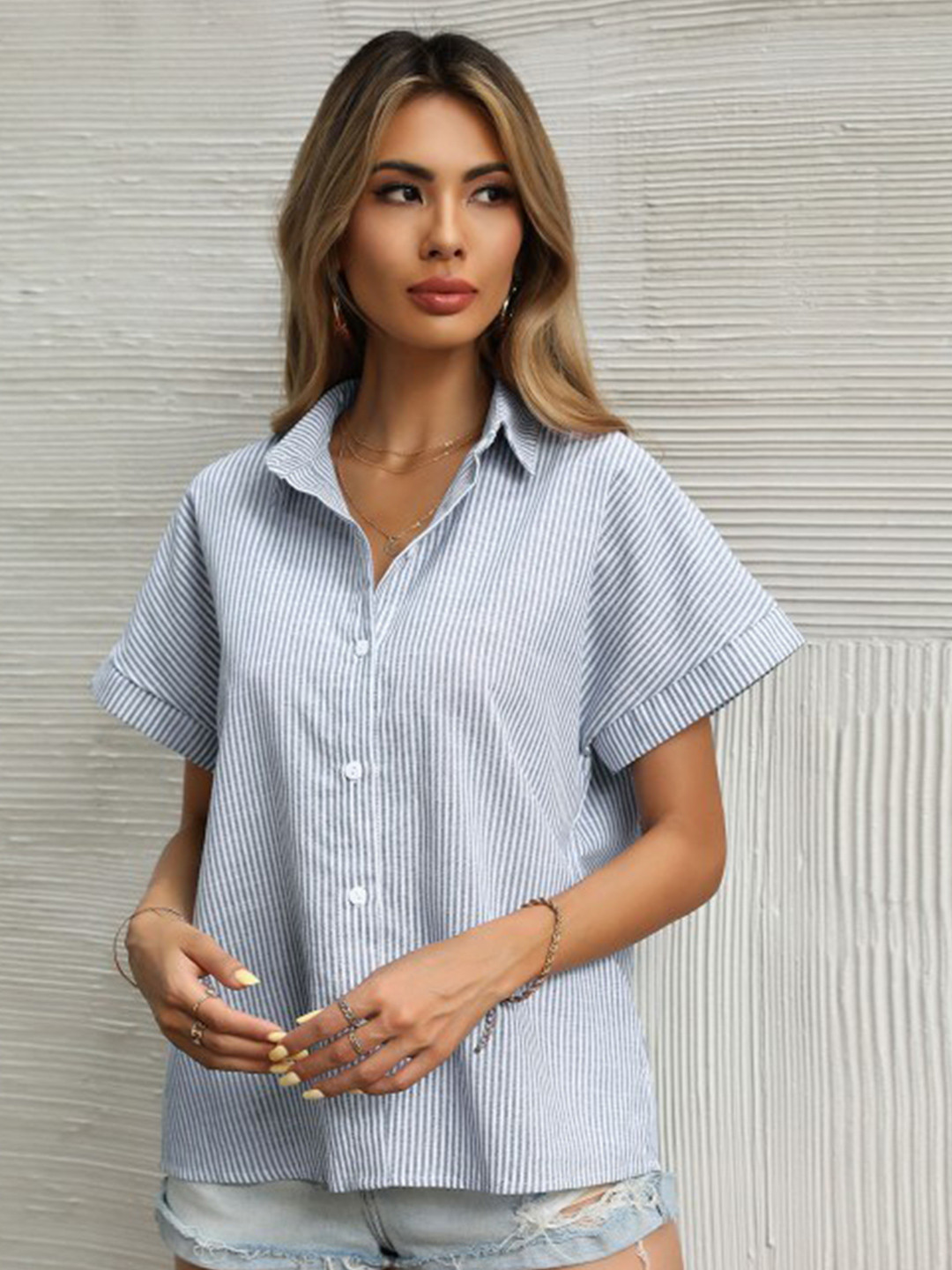 

StyleCast Vertical Striped Extended Sleeves Shirt Style Top, Blue