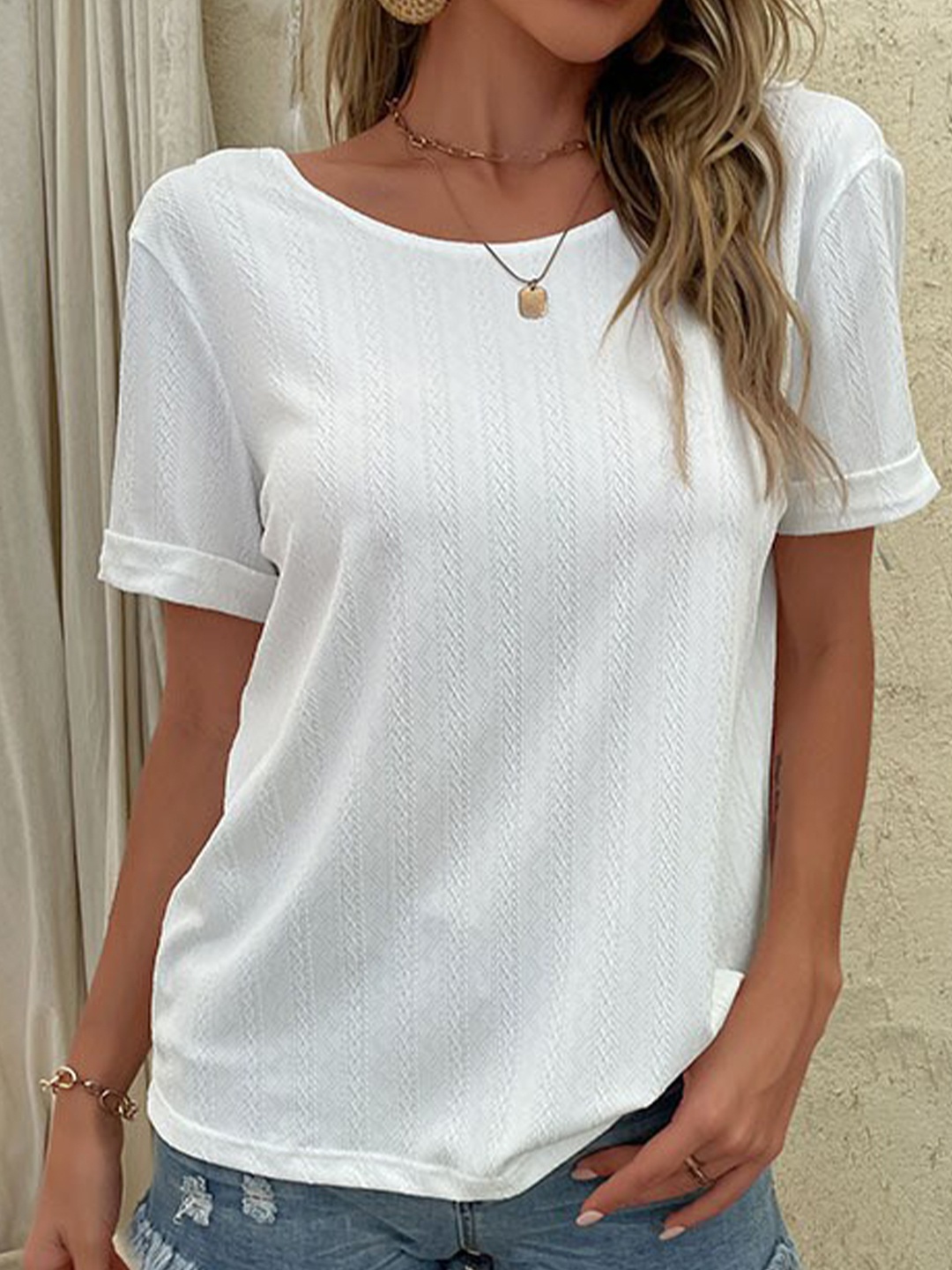 

StyleCast Striped Self Designed Ruffled Top, White
