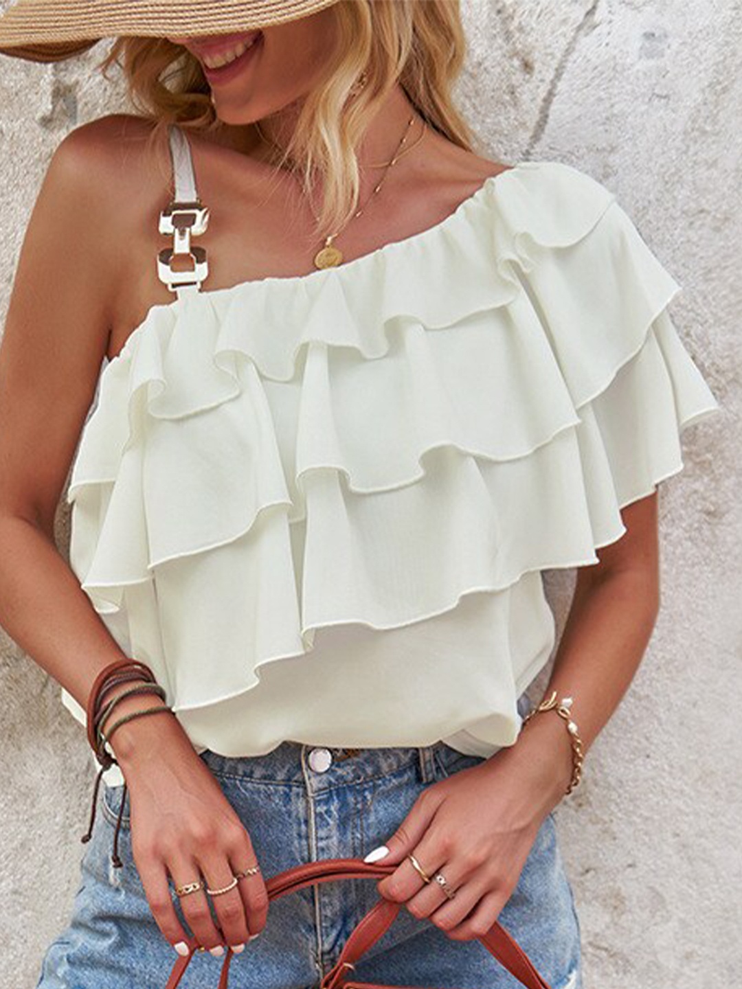 

BoStreet One Shoulder Flared Sleeves Layered Crop Top, White