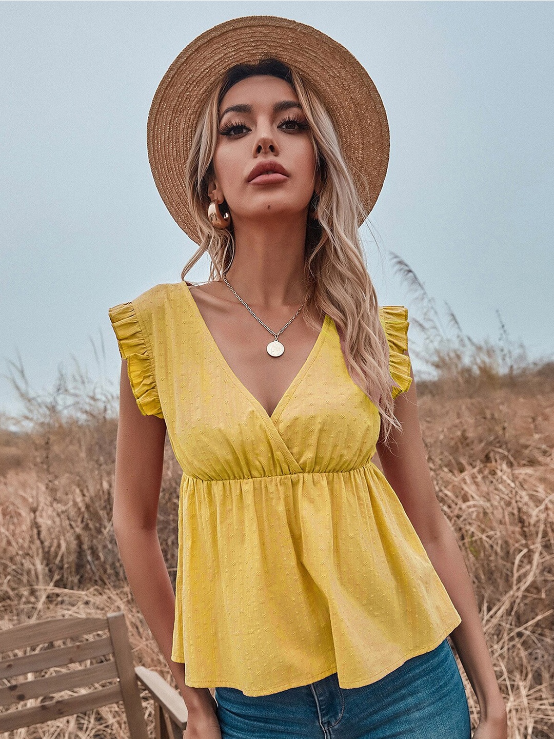 

BoStreet V-Neck Extended Sleeves Tunic, Yellow