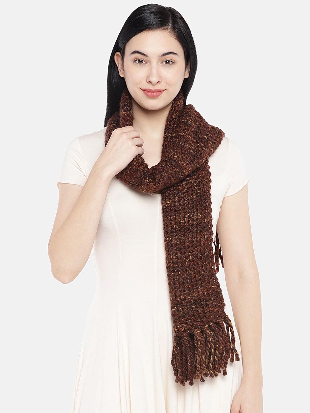 

Magic Needles Women Acrylic Scarf With Tassels, Brown