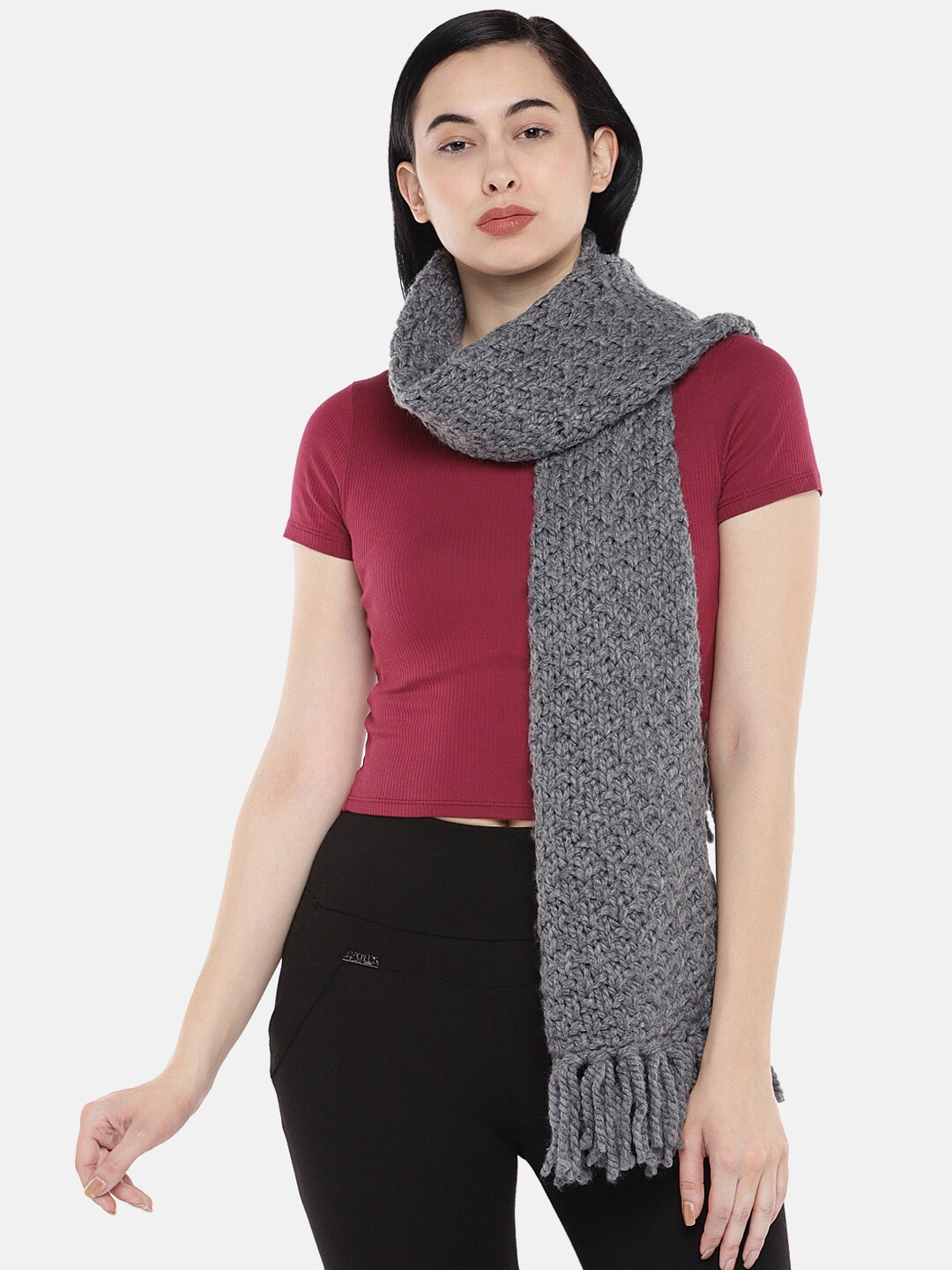 

Magic Needles Women Self Design Acrylic Scarf, Charcoal