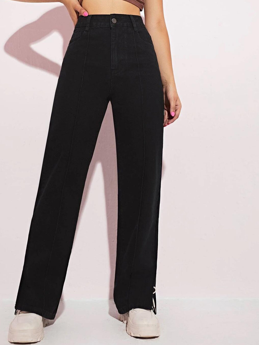 

Kotty Women Jean Straight Fit High-Rise Stretchable Slit Jeans, Black