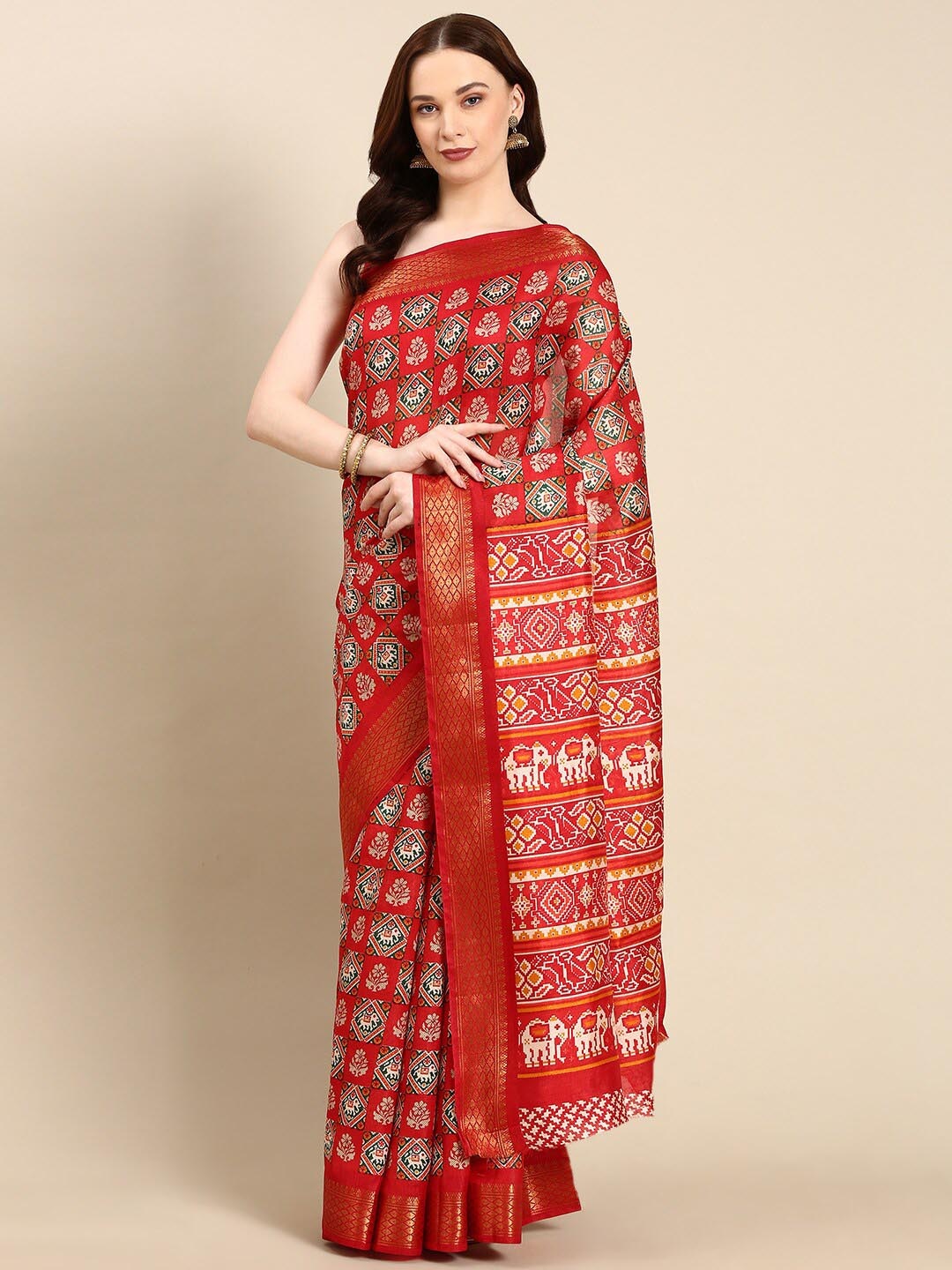 

Anouk Ethnic Motifs Printed Zari Patola Saree, Red