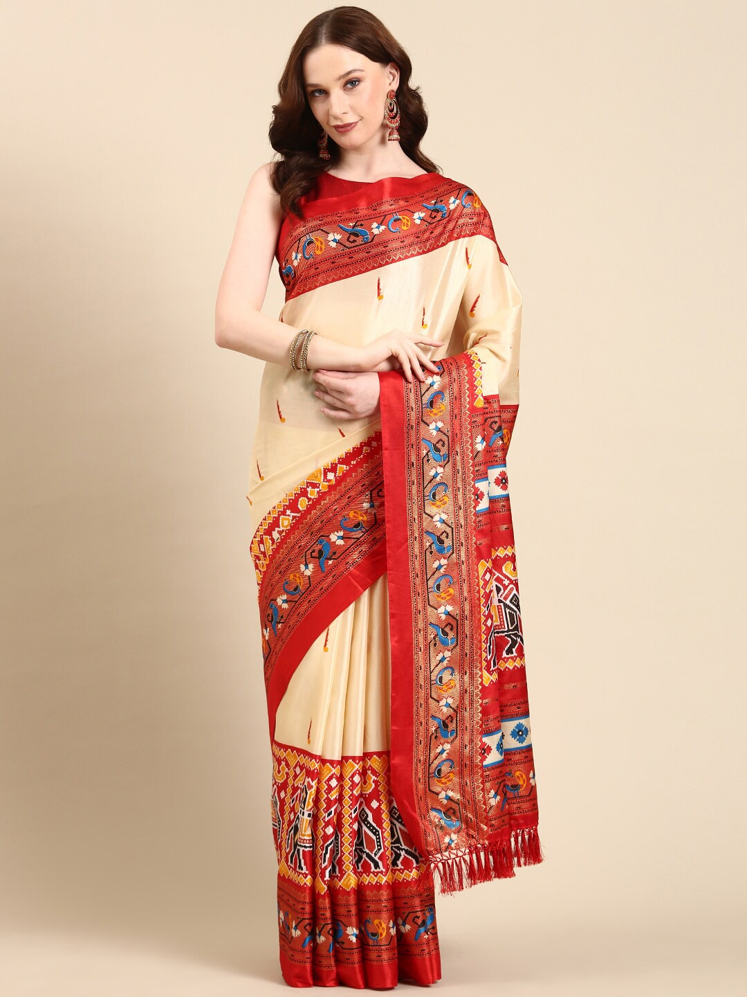 

Anouk Ethnic Motifs Printed Zari Patola Saree, Cream