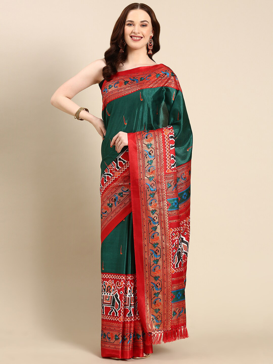 

Anouk Ethnic Motifs Zari Printed Patola Saree, Green