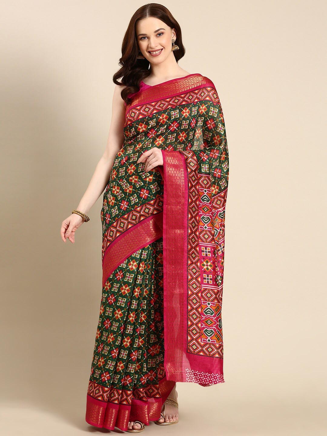 

Anouk Ethnic Printed Zari Patola Saree, Green