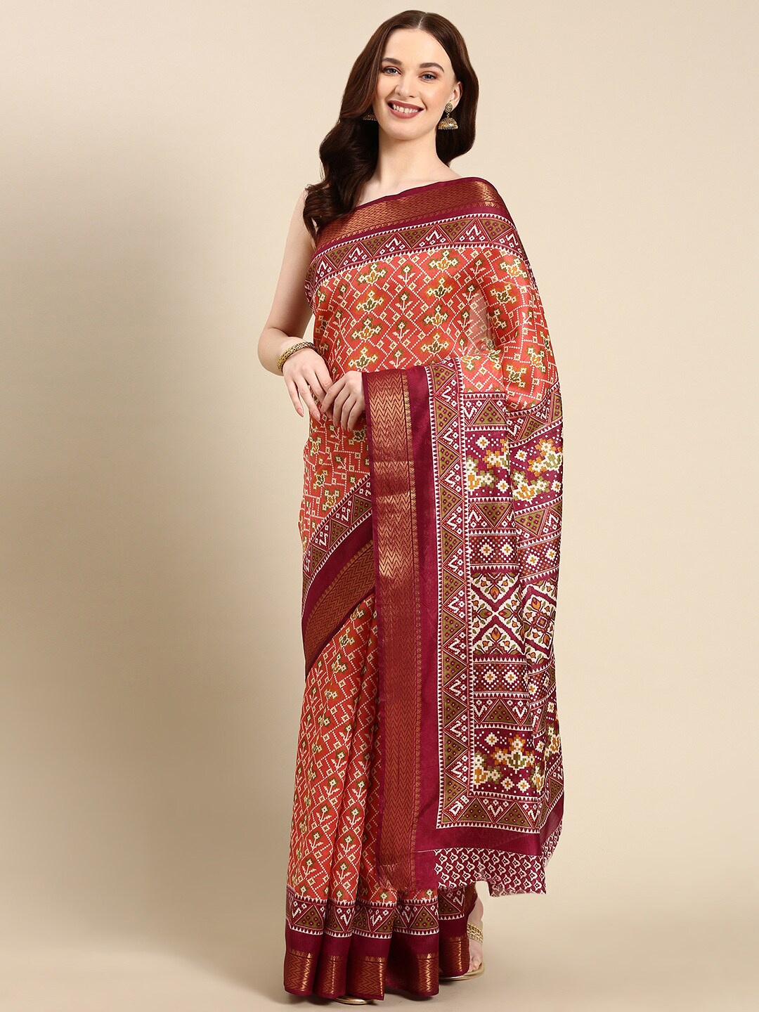 

Anouk Geometric Printed Zari Patola Saree, Peach