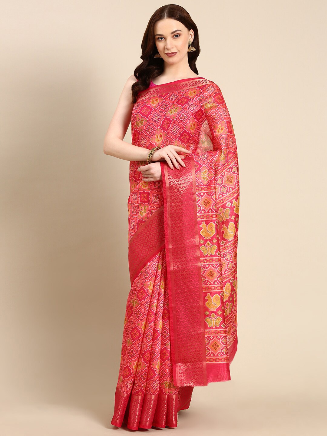 

Anouk Ethnic Motifs Printed Zari Patola Saree, Pink
