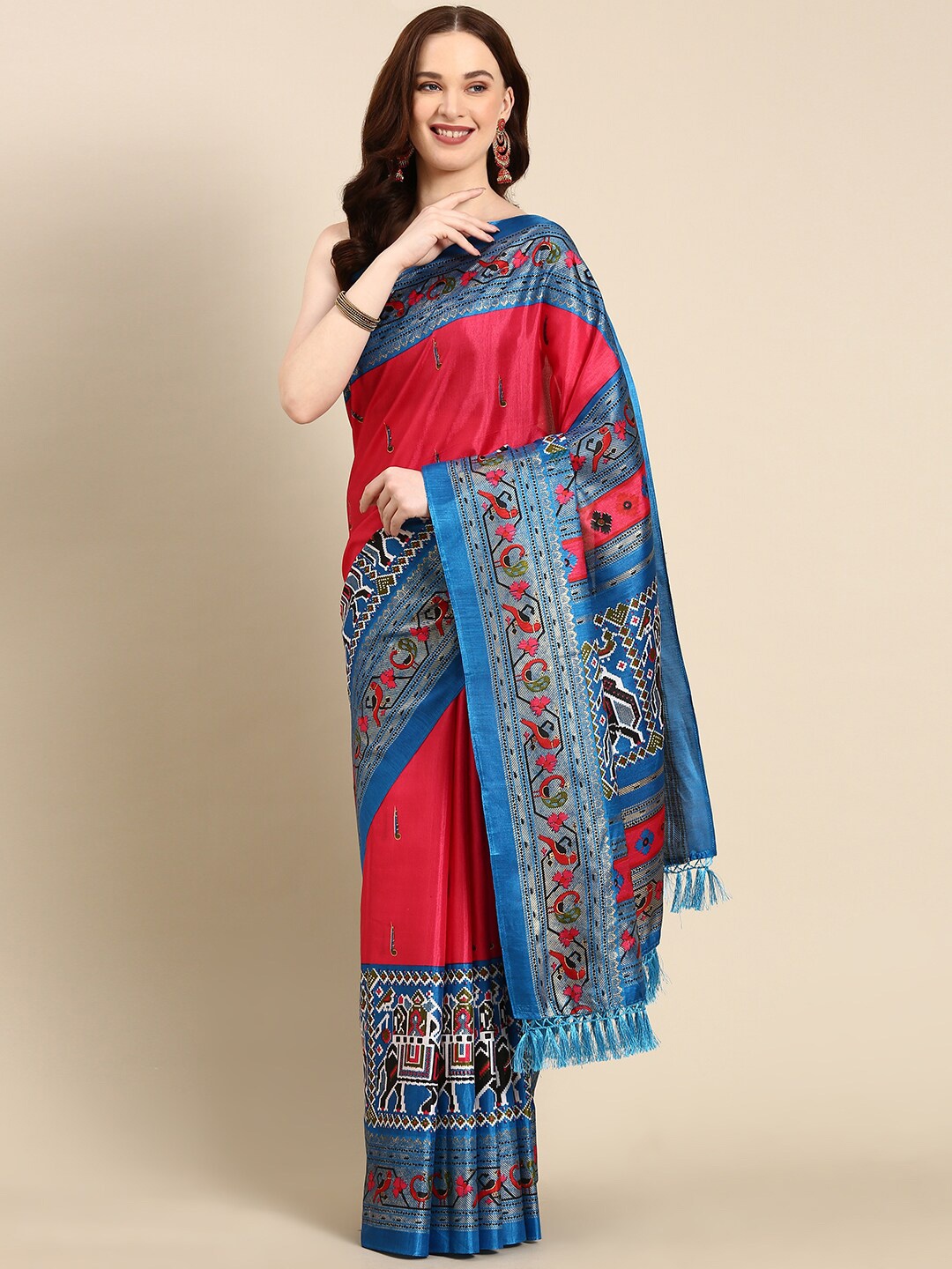 

Anouk Ethnic Motifs Zari Silk Blend Patola Saree With Tassel, Coral