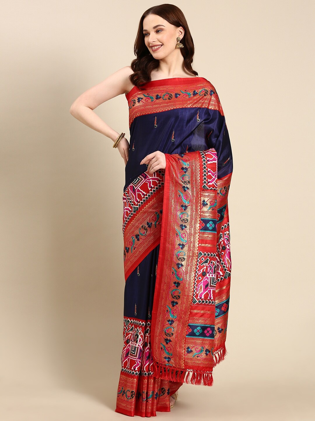 

Anouk Ethnic Motifs Zari Silk Blend Patola Saree With Tassel, Navy blue