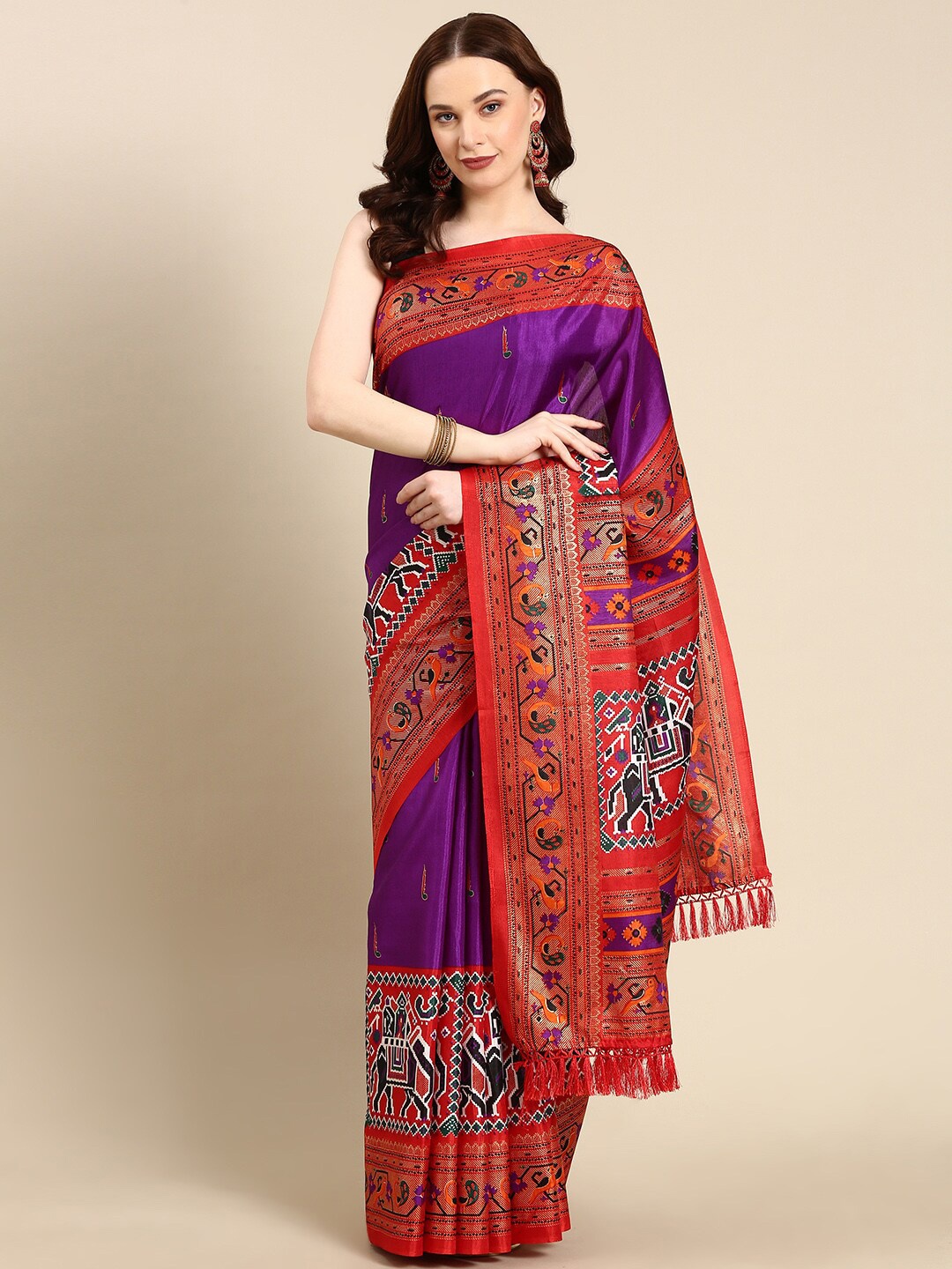 

Anouk Ethnic Motifs Zari Silk Blend Patola Saree With Tassel, Purple