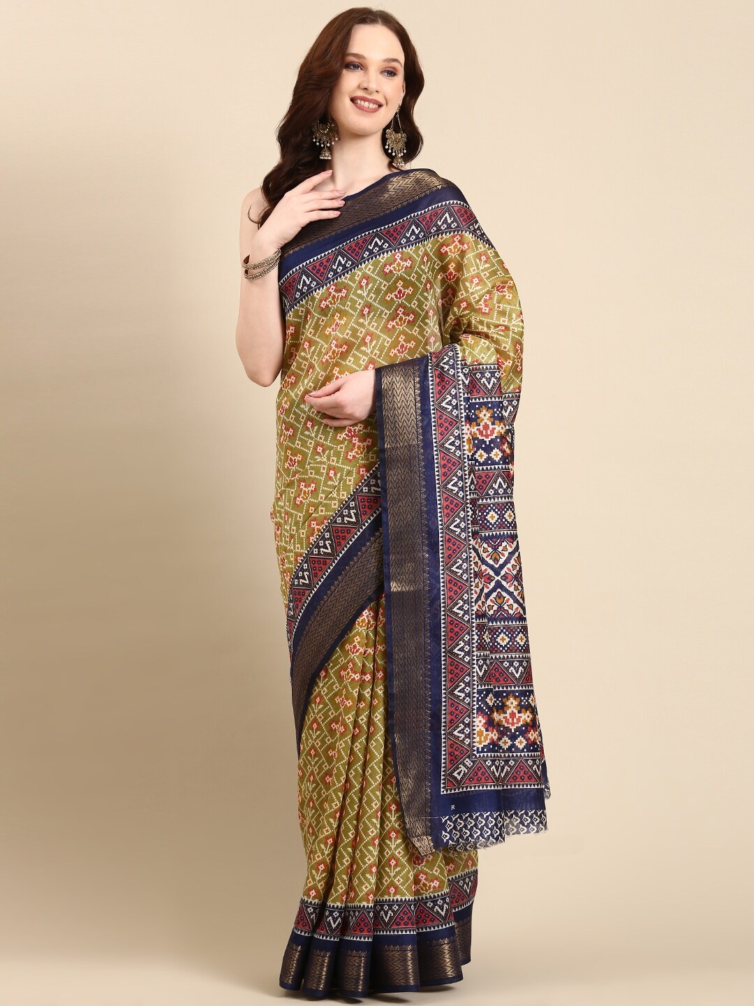 

Anouk Ethnic Motif Printed Silk Blend Patola Saree With Woven Zari Border, Green