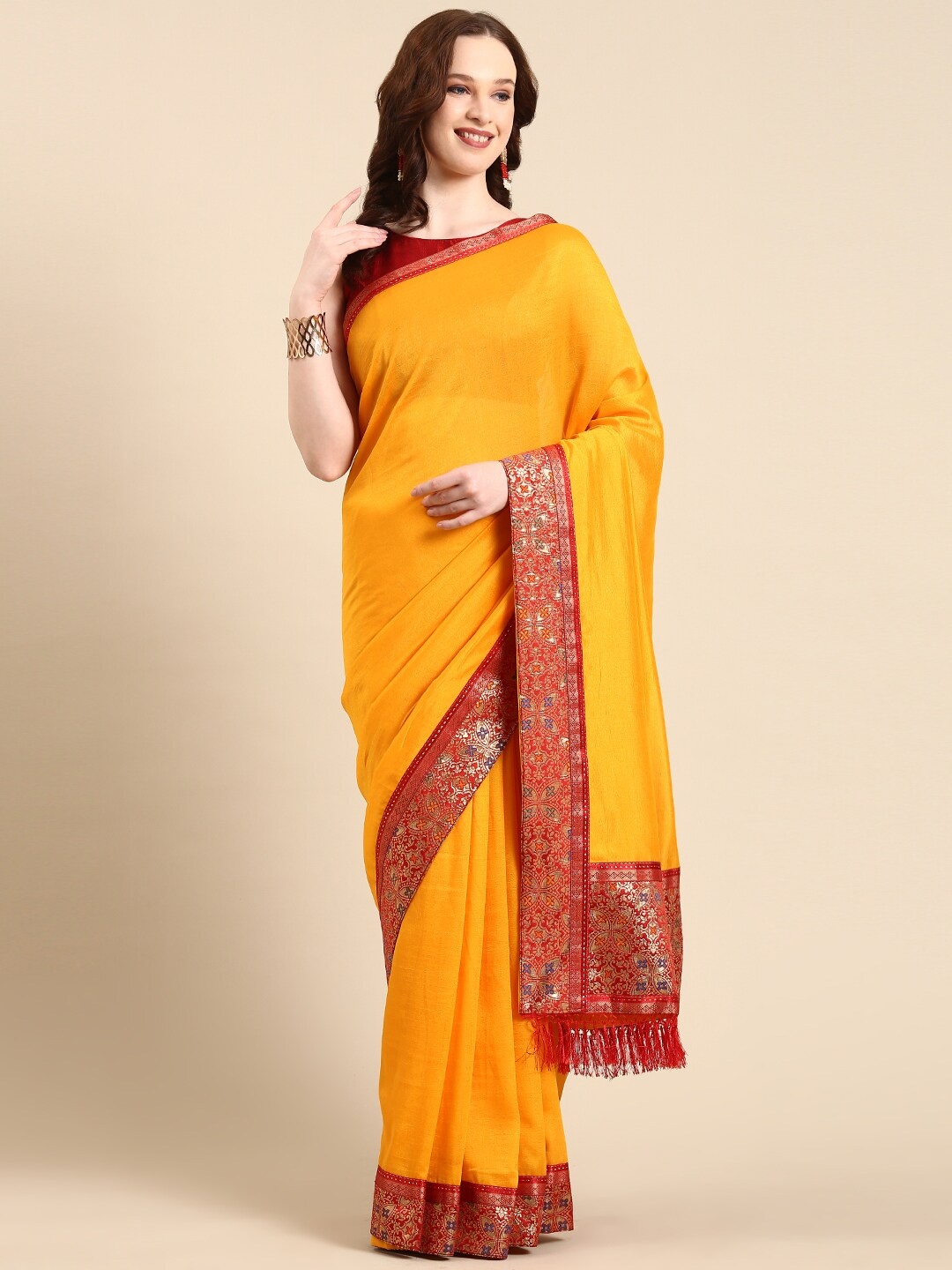 

Anouk Zari Silk Blend Patola Saree With Woven Border, Yellow