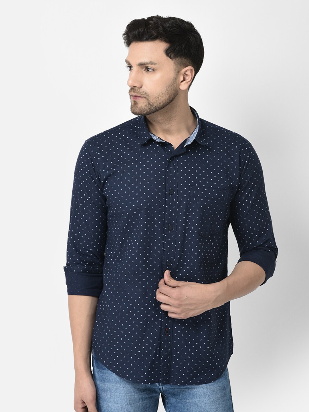 

COBB Micro Ditsy Printed Long Sleeves Slim Fit Cotton Casual Shirt, Navy blue