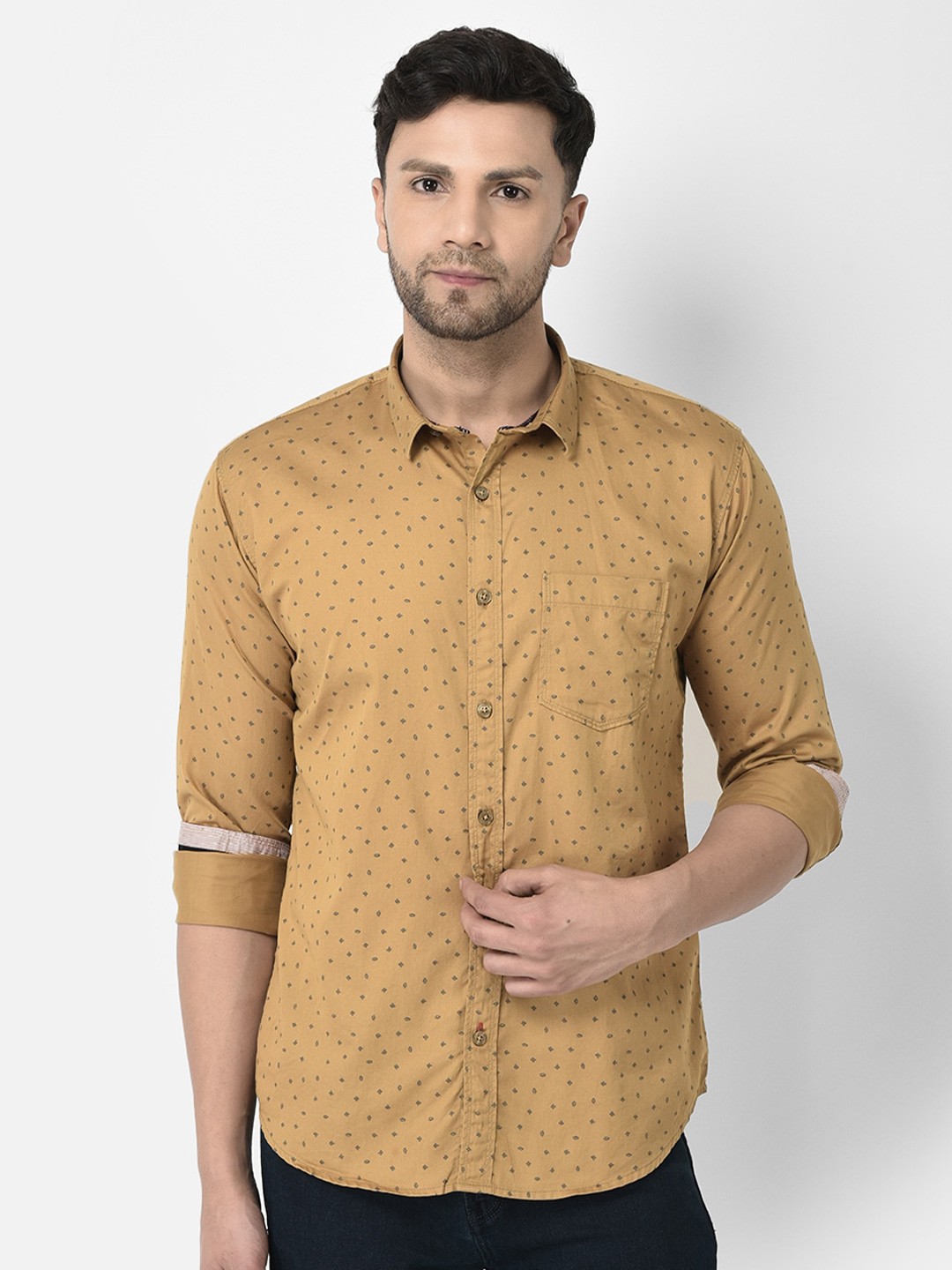 

COBB Slim Fit Floral Printed Opaque Cotton Casual Shirt, Tan