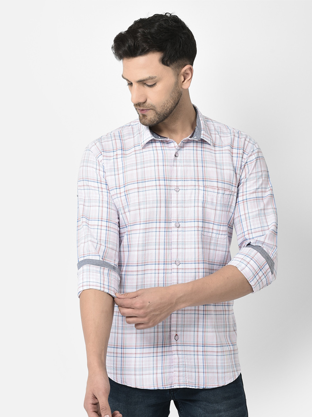 

COBB Spread Collar Slim Fit Checked Cotton Casual Shirt, White