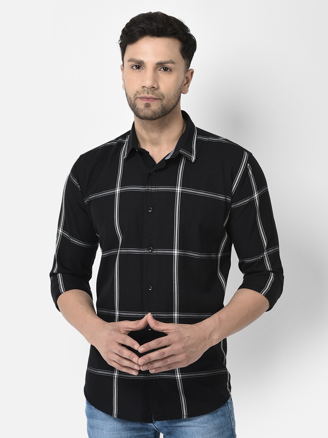 

COBB Slim Fit Windowpane Checks Opaque Casual Shirt, Black