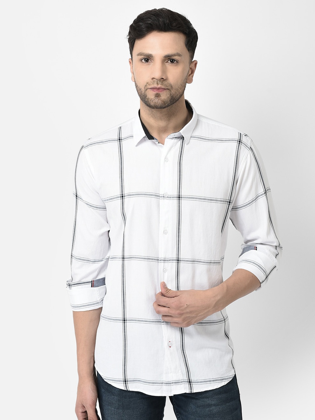 

COBB Spread Collar Slim Fit Windowpane Checked Cotton Casual Shirt, White