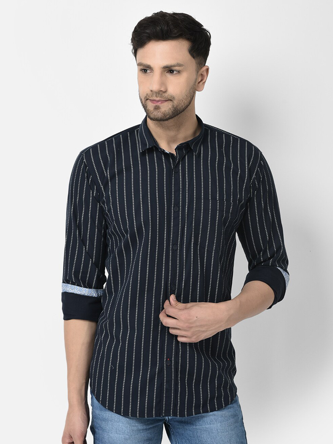 

COBB Striped Cotton Slim Fit Casual Shirt, Navy blue