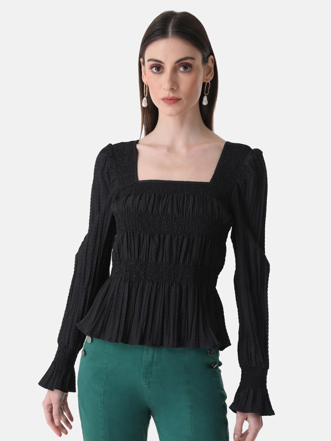 

Kazo Square Neck Cuffed Sleeves Top, Black