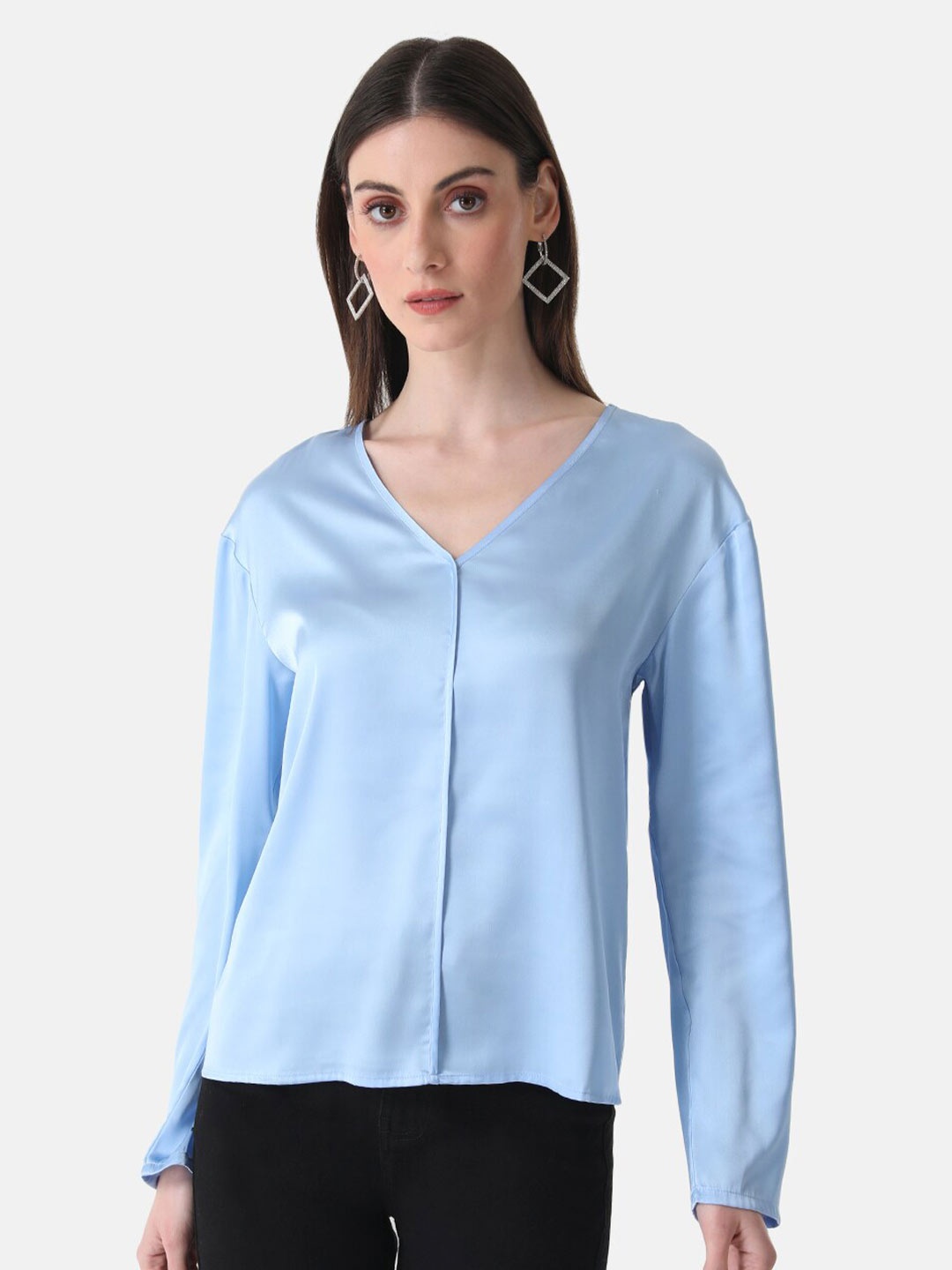 

Kazo V-Neck Cuffed Sleeve Satin Top, Blue