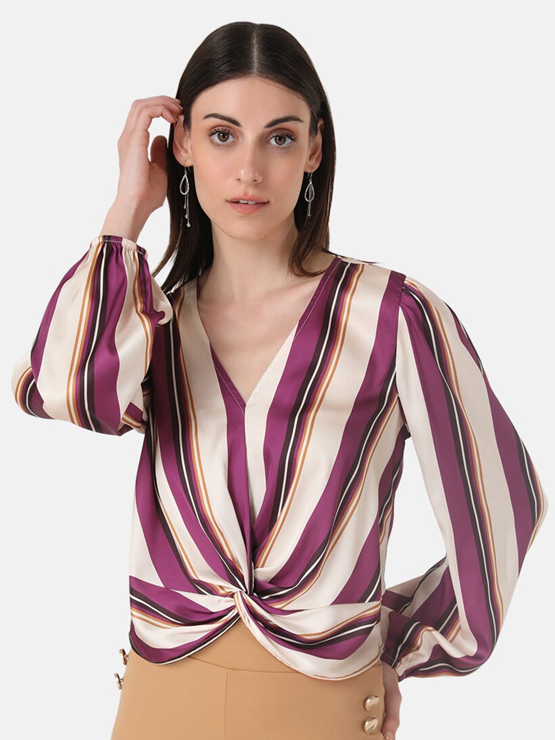 

Kazo Striped Puff Sleeve Satin Wrap Top, Maroon