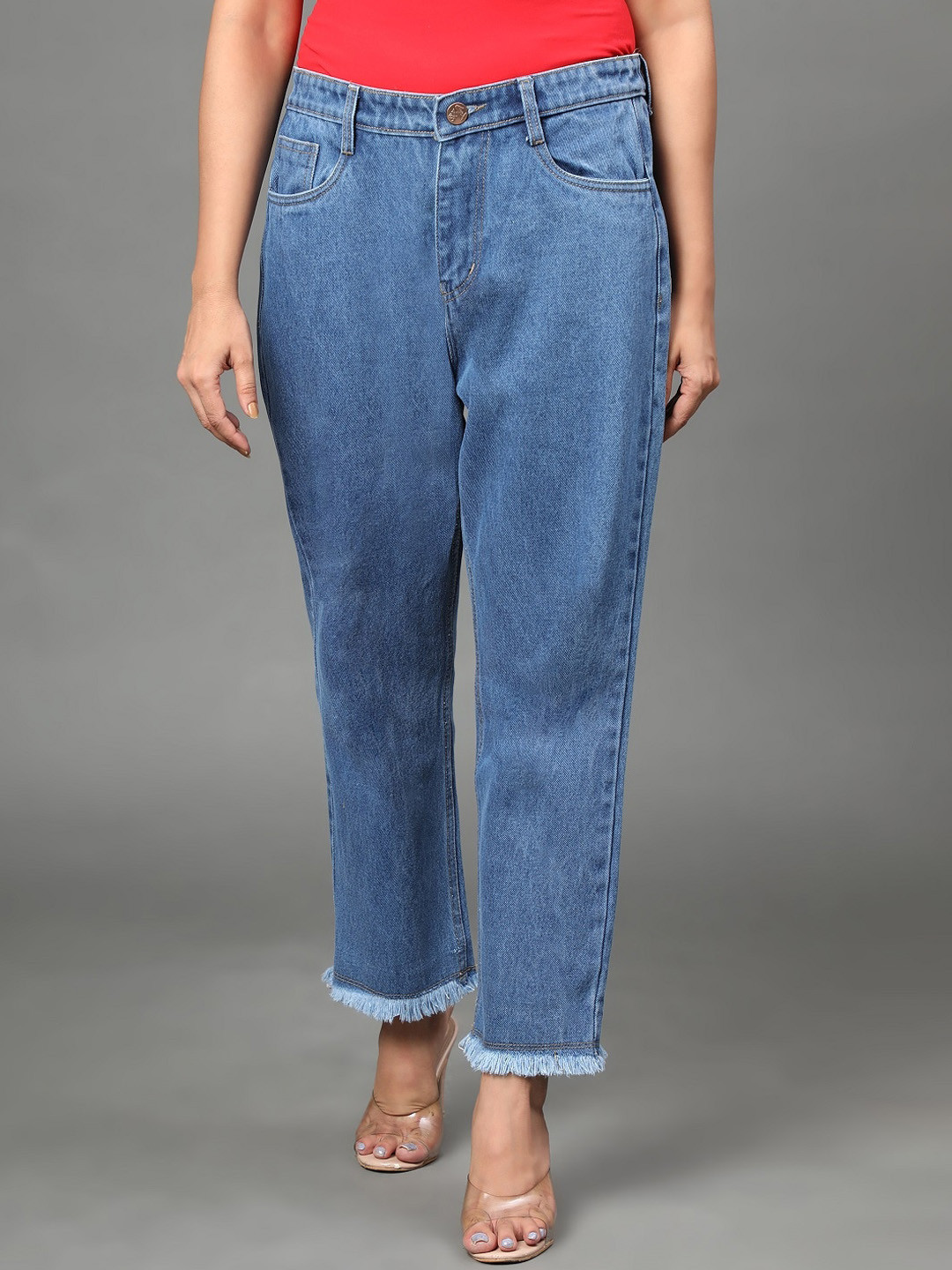 

AngelFab Women Jean Straight Fit High-Rise Light Fade Cotton Jeans, Blue