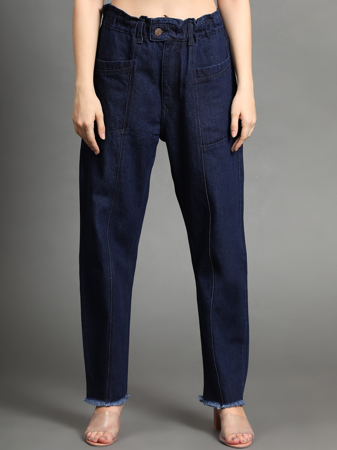 

AngelFab Women Jean Mom Fit High-Rise Light Fade Cotton Jeans, Navy blue