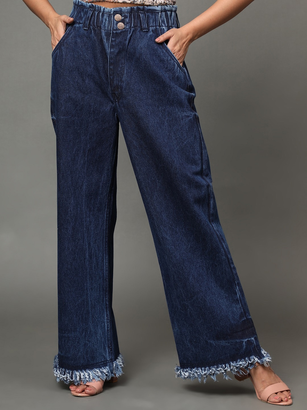 

AngelFab Women Jean Wide Leg High-Rise Light Fade Cotton Jeans, Navy blue