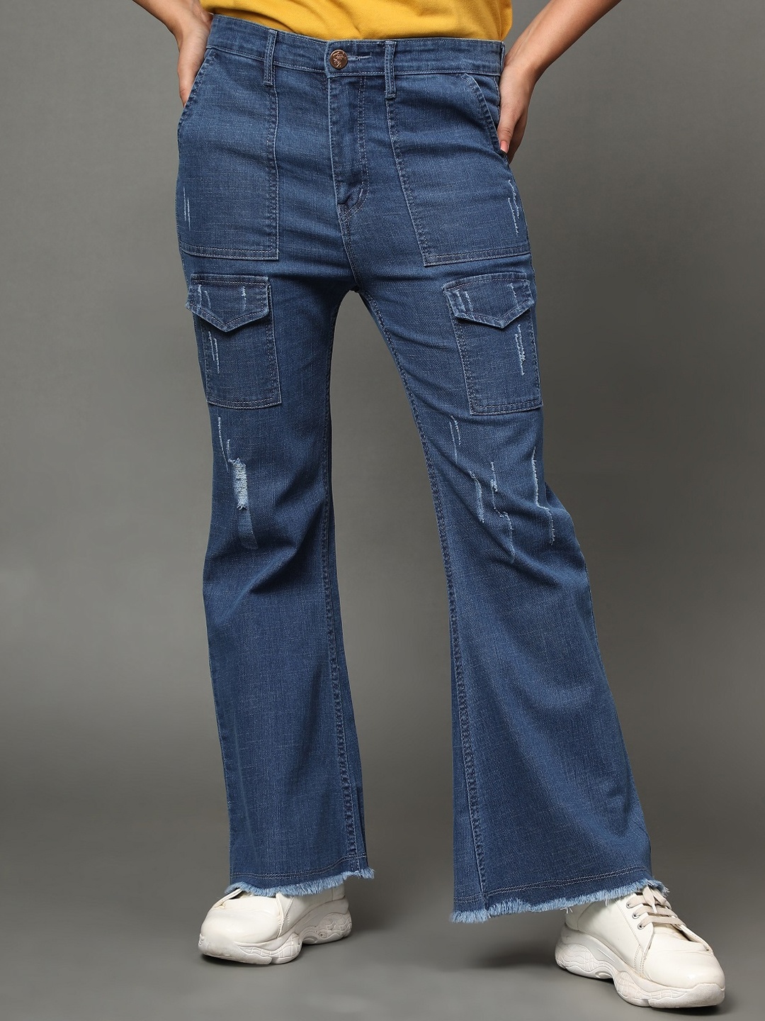 

AngelFab Women Jean Bootcut High-Rise Light Fade Mildly Distressed Cotton Jeans, Blue