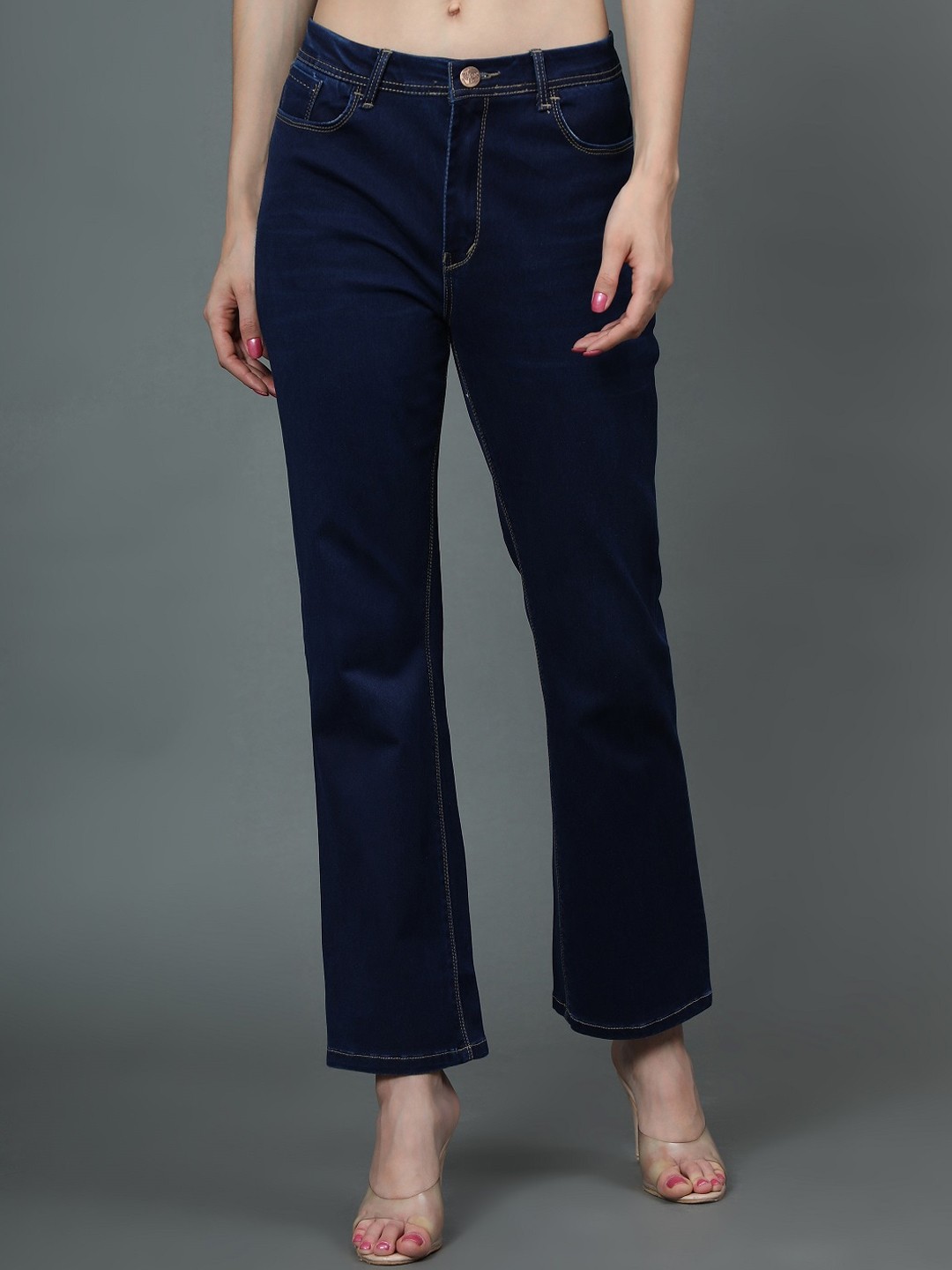 

AngelFab Women Jean Bootcut High-Rise Light Fade Stretchable Cotton Jeans, Navy blue