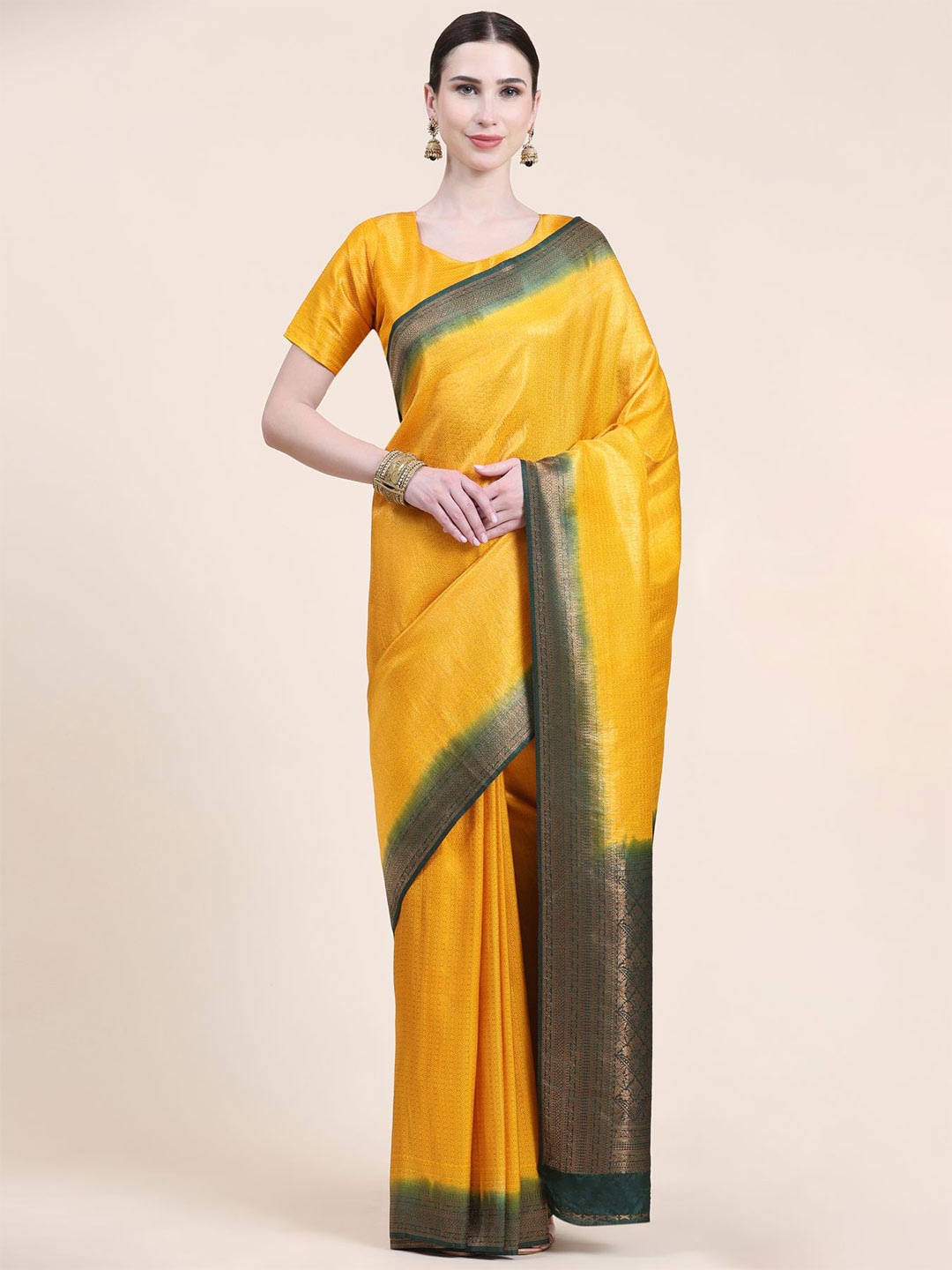 

Phenav Ethnic Motifs Woven Design Zari Kanjeevaram Saree, Yellow