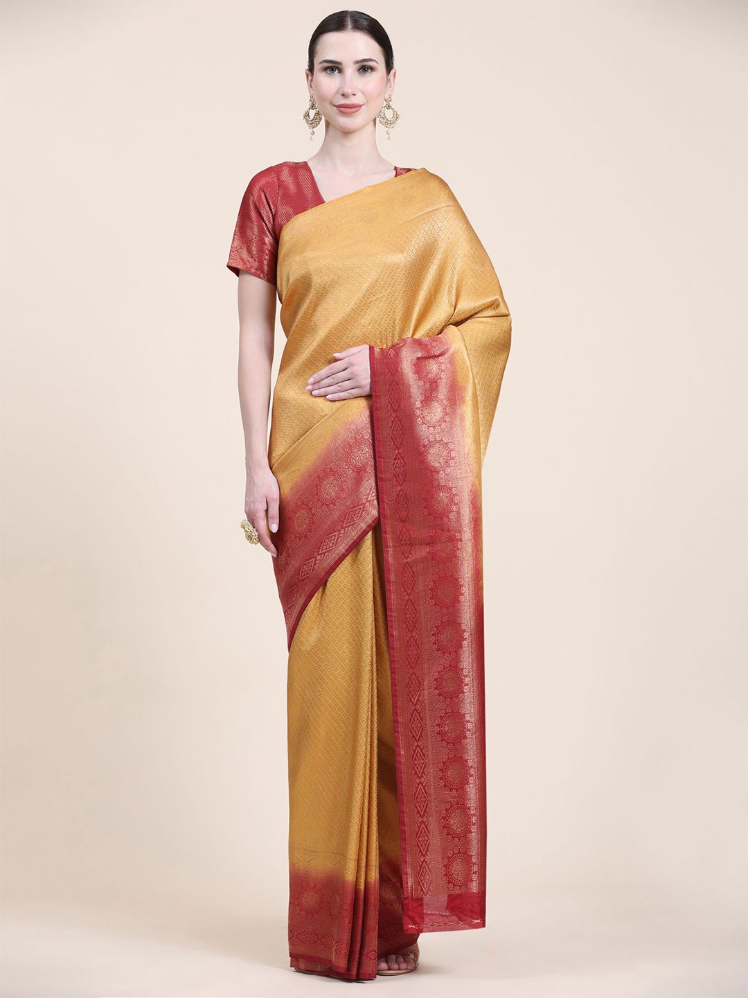 

Phenav Ethnic Motifs Woven Design Zari Kanjeevaram Saree, Cream