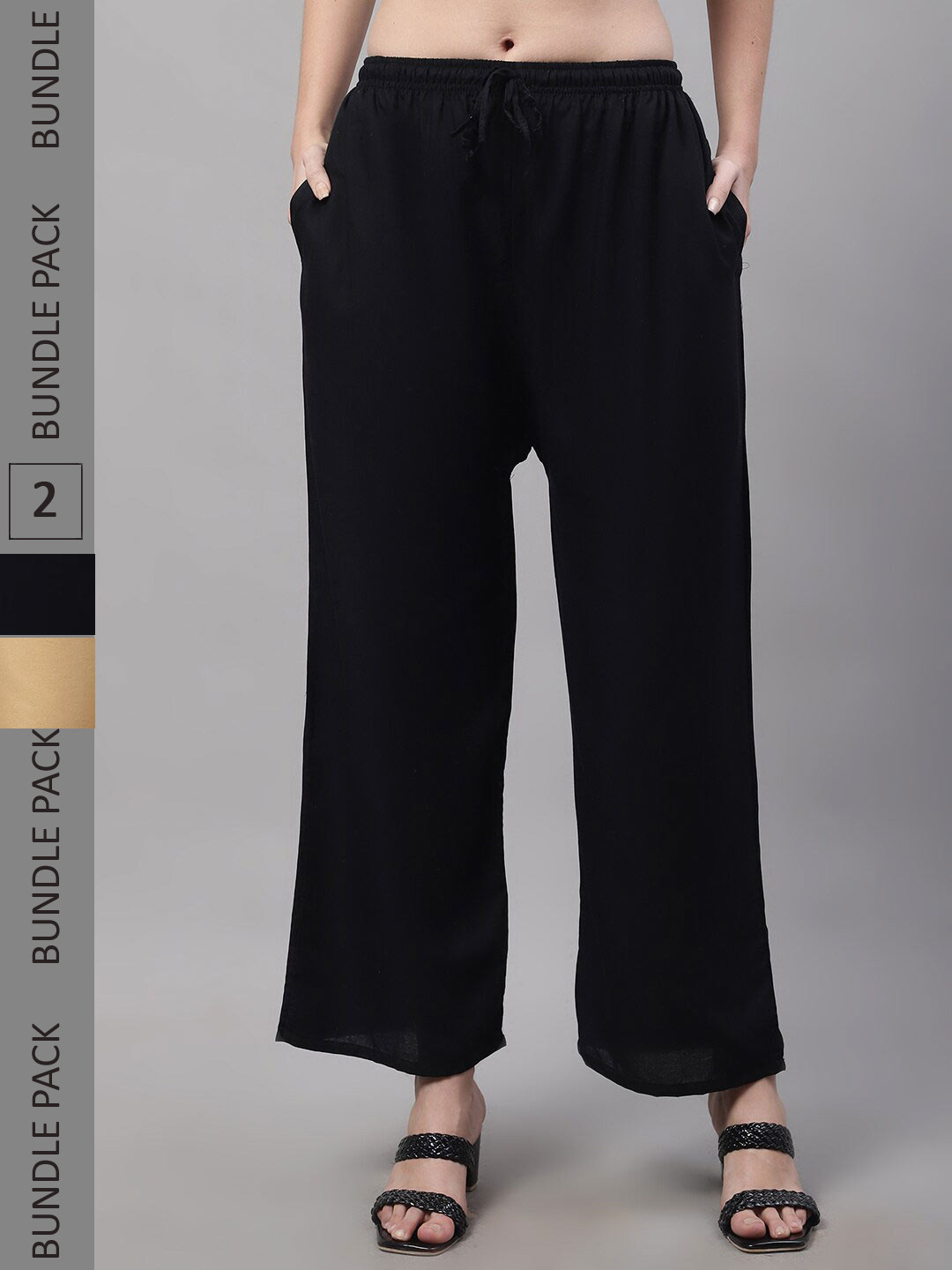 

Jinfo Women Pack Of 2 Straight Fit Knitted Palazzos, Black