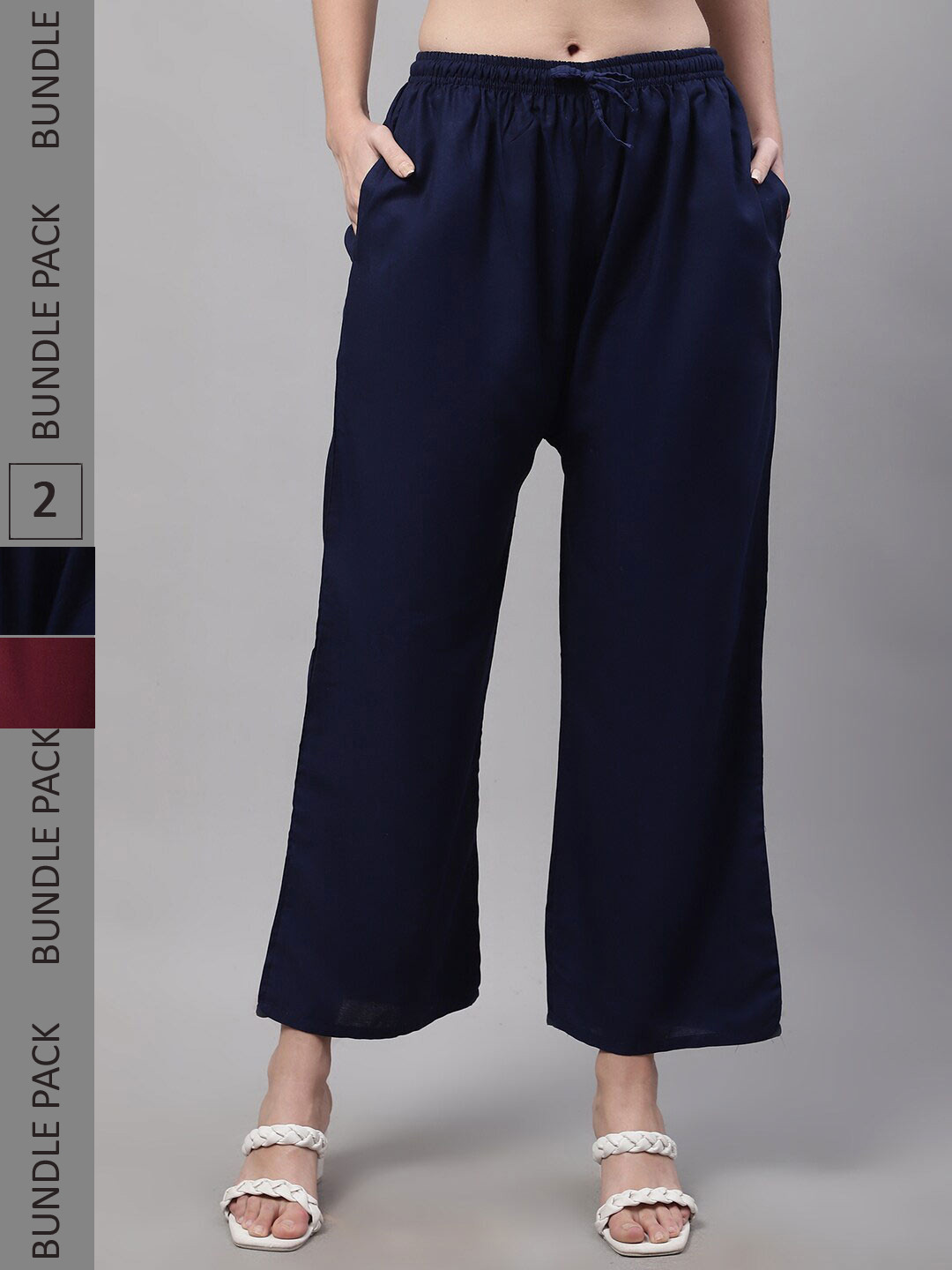 

Jinfo Women Pack Of 2 Straight Fit Knitted Palazzos, Navy blue