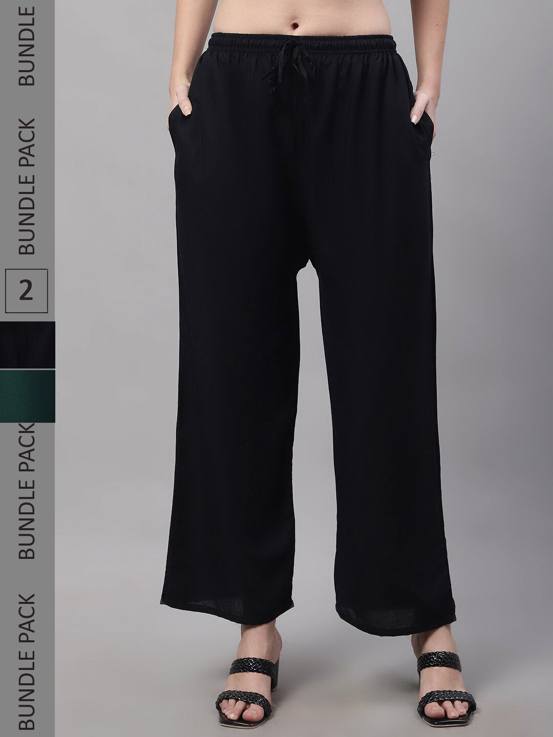 

Jinfo Women Pack Of 2 Straight Fit Knitted Palazzos, Black